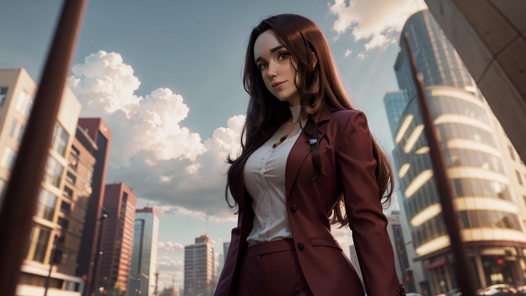 8K,  Best Quality , Victoria Villarruel dressed in a crimson red suit as a lawyer,  long dark brown hair, slender with wide hips ,  warm smiling expression . outdoors, Square with trees in the city,  clouds in the sky in the background, faint rays of sunlight 