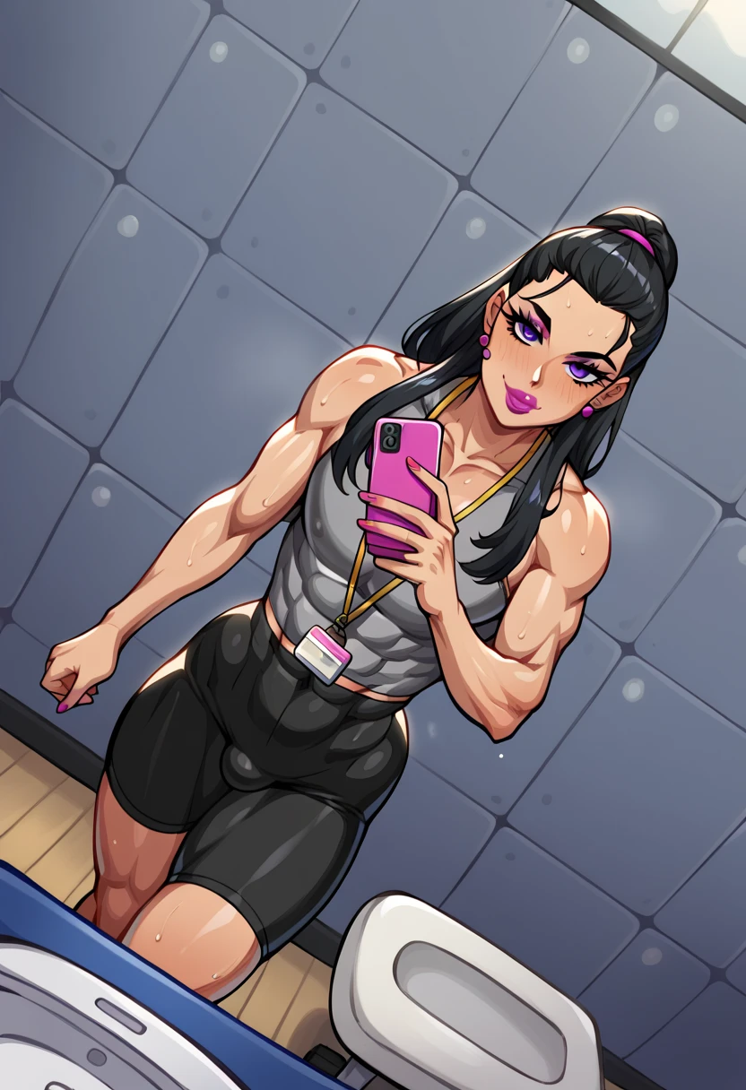 score_4, score_5, score_6,1femboy, selfie on the mirror,apache,  black hair,long hair,straight hair,  purple Eyes,arrogant look,1,70cm high,perfect face,olhar arrogante , olhando o espectador,muscle body ,small boobs,  round boobs,cintura super fina ,curvy,ATHLETIC BODY,  huge thighs , slim waist,coxas gigantes,longe legs, defined thighs, WIDE HIP , huge ass,Sweat.gym,volume de testiculo,background change, gym,vestiario vazio,corredor com armarios