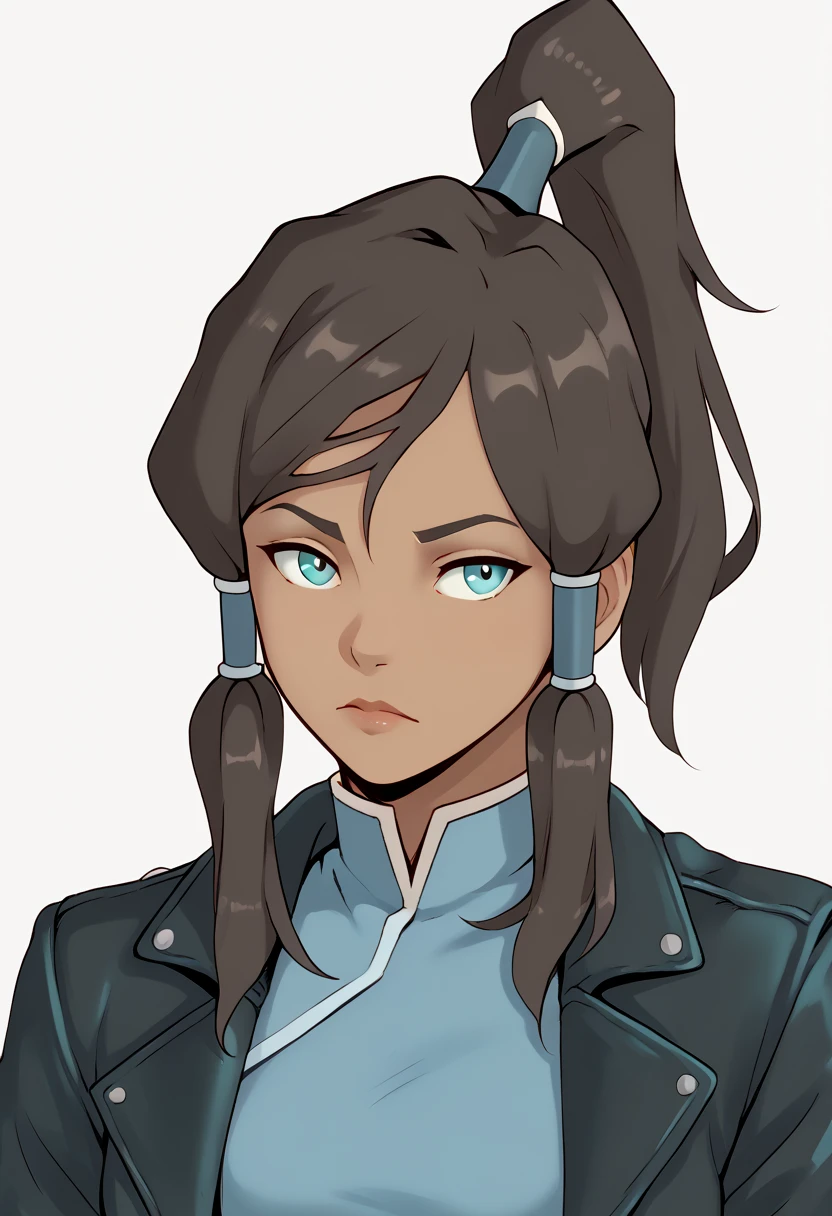 score_9, score_7_up 1girl, solo, korra, dark skin, ponytail, portrait, leather jacket, black jacket, shirt,
