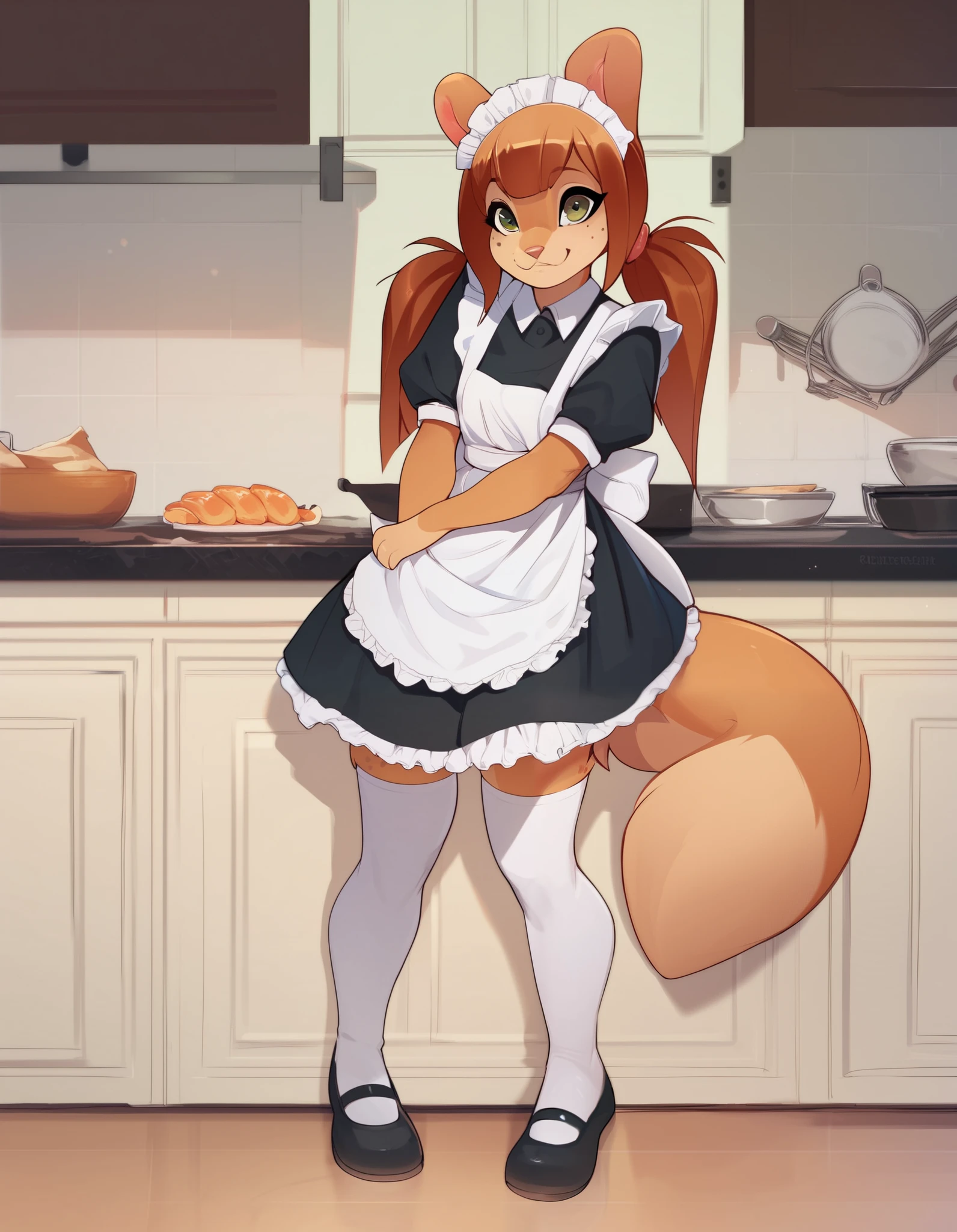 kitchen, 
Rocketgirl,1girl,solo,animal ears,furry female,tail,brown hair, long hair,green eyes,bangs,freckles, brown fur,full body,sidelocks,twintails,two-tone fur, full body, long eyelashes, smile, maid, white thighhighs, maid headdress, 