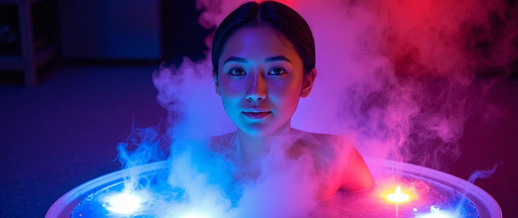 A  stunning beautiful young woman with short hair is surrounded by colorful lights, with smoke coming out of her amazing body 