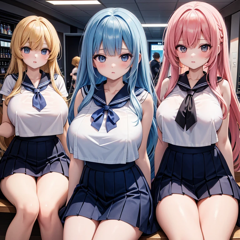 masterpiece, Highest quality, In detail, 5, (beautiful girl), cute, (tits), (A group of high school girls lift their skirts to show their pussies), ((Covered in semen)), No panties, multiple