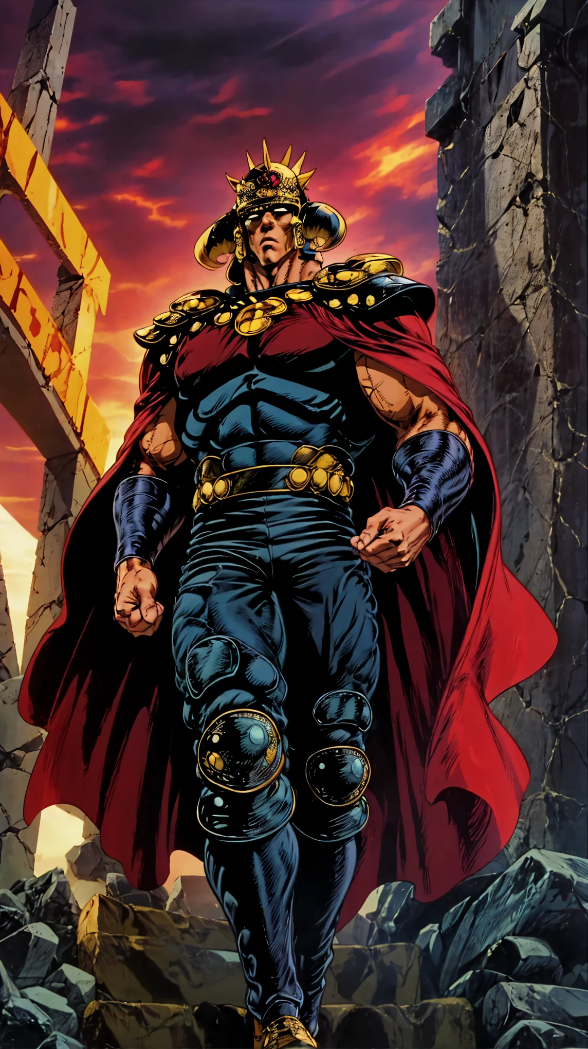 8K images、Man Standing 、Raoh from Fist of the North Star(:1.5)、doping    、Muscular、 Leather Armor、 Black Leather Long Pants Pants   、I don't wear a helmet、 red cloak、   boots、The face of hatred 、   stare at me with eyes wide open、Shining Eyes  、Ruins、   black background、     stand with feet shoulder-width apart     、   flashy action pose   、 Show Your Palms Here 、Full body exposure  、   Overflowing Fighting Spirit   、戦場のRuins、  Wear Your Aura  、 Full body view walking powerfully  、Mythical Picture 