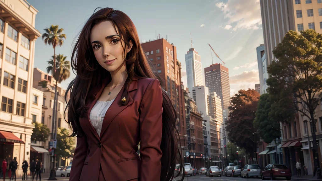 8K,  Best Quality , Victoria Villarruel dressed in a crimson red suit as a lawyer,  long dark brown hair, slender with wide hips ,  warm smiling expression . outdoors, Square with trees in the city of Buenos Aires,  clouds in the sky in the background, faint rays of sunlight 