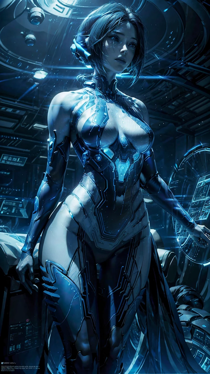 Highly detailed, cinematic, realistic, sci-fi. A stunning and ethereal depiction of Cortana from Halo, with her iconic translucent blue form and intricate glowing circuit patterns running across her body. She has a serene yet commanding presence, her luminous, strikingly beautiful face framed by short, flowing hair that emits a faint blue glow.

The setting is a futuristic control room aboard a massive starship, with holographic interfaces and glowing displays surrounding her. Soft, diffused lighting casts a radiant glow on her form, highlighting her digital essence and delicate features. The scene captures the advanced sci-fi atmosphere of the Halo universe, with a subtle blend of mystery and technological sophistication. Rendered with ultra-high detail and cinematic lighting, emphasizing Cortana's beauty and her integral role within the futuristic world.