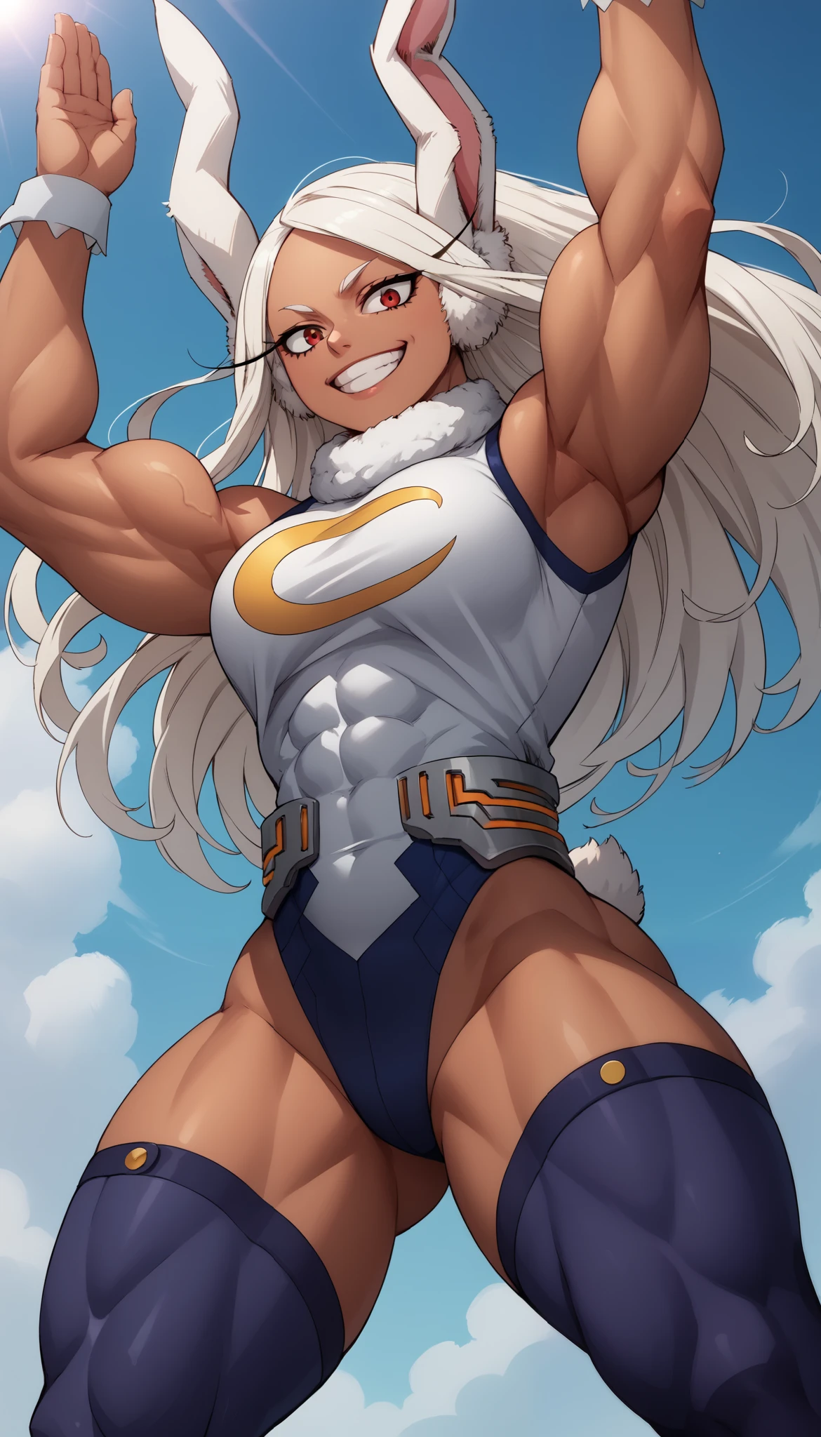score_9, score_8_above, score_7_above, source_anime, from below, Alone, 1 , Rumi Usagiyama, long hair, animal ears, white hair, dark skin, rabbit ears , dark-skinned female, Muscular, girl rabbit, muscular female, Red eyes, fringe parted,thighhighs, shezfe , sleeveless, White Shezfe , leotard, High Neck T-Shirt , perna alta, perna alta leotard, fur collar, sleeveless High Neck T-Shirt , High Neck T-Shirt leotard, sleeveless High Neck T-Shirt leotard, crescent print,smile, Dynamic pose