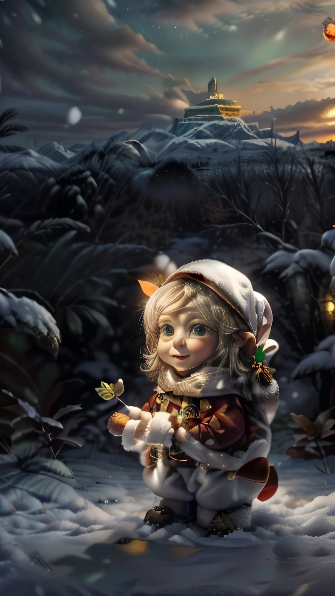  This is a charming 3D illustration in the style of modern animation ,  presenting an unusual combination of Christmas and tropical themes .  The composition focuses on a smiling elf boy in a green jumpsuit with a festive cape and With a traditional . It is surrounded by a fabulous landscape ,  where the winter atmosphere with falling snow intertwines with tropical elements :  palm trees decorated with Christmas toys ,  fluttering orange butterflies and a green hummingbird .

 A warm atmosphere creates a special atmosphere setting sky lighting and soft clouds in the background , , while traditional Christmas elements - holly leaves and red Christmas balls - complement this unique festive scene.  High-quality visualization ,  cap, attention to detail and an unusual combination of winter and the tropics make the image especially attractive and memorable .
