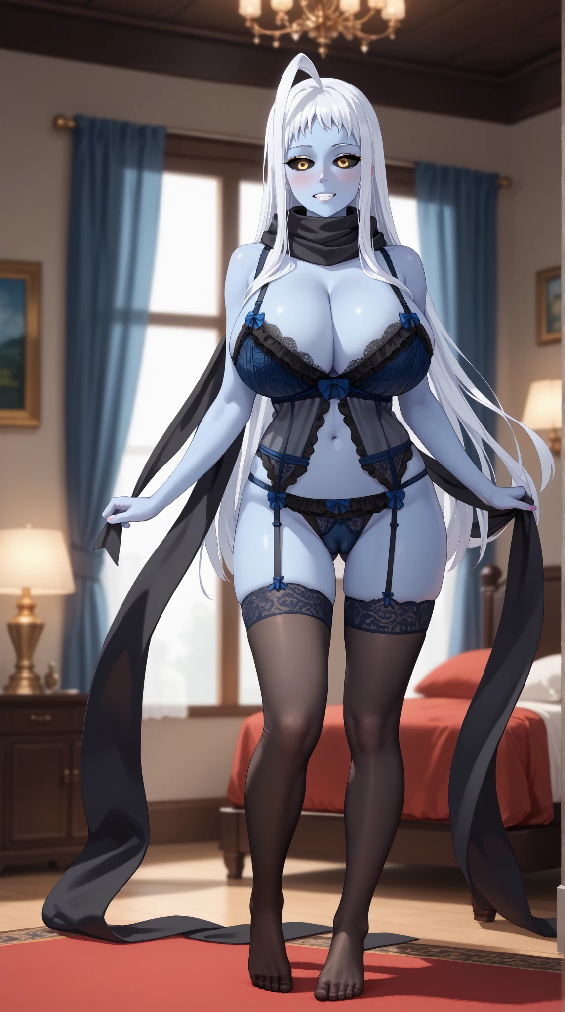 ((((1girl, full body)))), (((lingerie, stockings, black scarf))), ((cameltoe, sexy pose)), jelolala, large breasts, (colored skin, blue skin), colored sclera, black sclera, yellow eyes, white hair, ahoge, long hair, (huge breasts:1.5, gigantic breast:1.5, big butt, wide hips), intricate detail, hyper-anime, trending on artstation, 8k, stunning shading, anime, highly detailed, realistic, dramatic lighting, beautiful, animation, sharp focus, award winning, masterpiece, cinematic, dynamic, cinematic lighting, breathtaking, exquisite, great attention to skin and eyes, exceptional, exemplary, unsurpassed, viral, popular, buzzworthy, up-and-coming, emerging, promising, acclaimed, premium, beautiful teeth, seductive look, blushing, shy, 