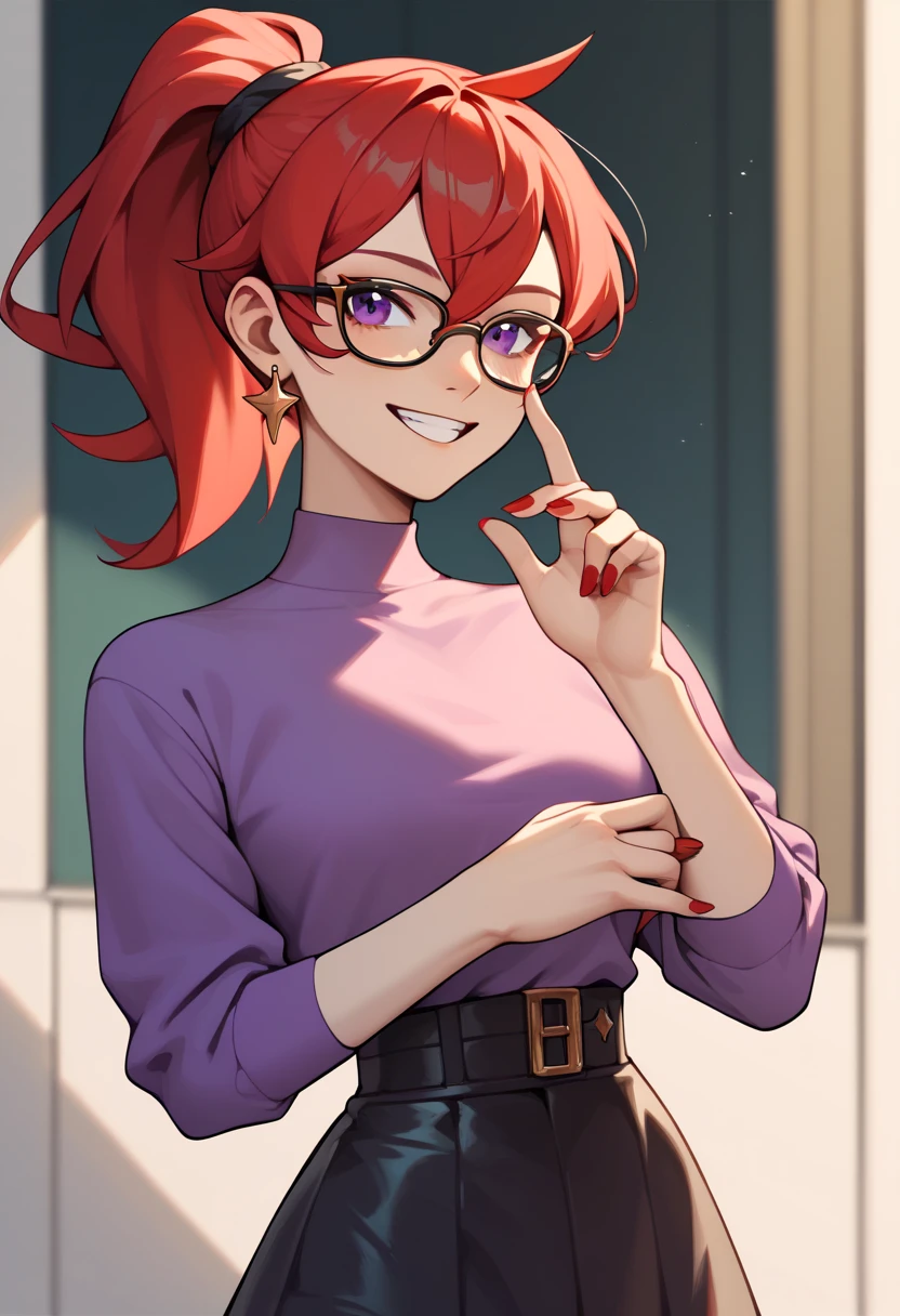 Mars, red nails, glasses, smiling, red hair, purple shirt, black skirt, ponytail hairstyle, purple eyes, gold earings, red nails