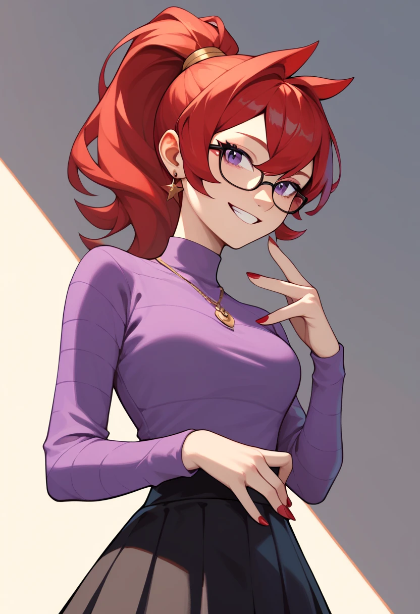 Mars, red nails, glasses, smiling, red hair, purple shirt, black skirt, ponytail hairstyle, purple eyes, gold earings, red nails