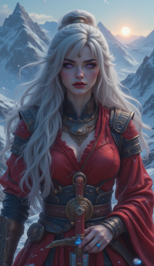 masterpiece, 8k, HDR, 3D, best quality, photograph, analog style, real life, extremely beautiful, (highly detailed, intricately detailed), (highly detailed skin), (alluring eyes), an image of (1female), holding a sword, red Japanese armor, long white hair, purple eyes, red thin lips, lips parted, (seductive) looking at viewer, blue flames, shining weapon, light particles, wallpaper, chromatic aberration, on a snowy mountain, snowing, sunset sun