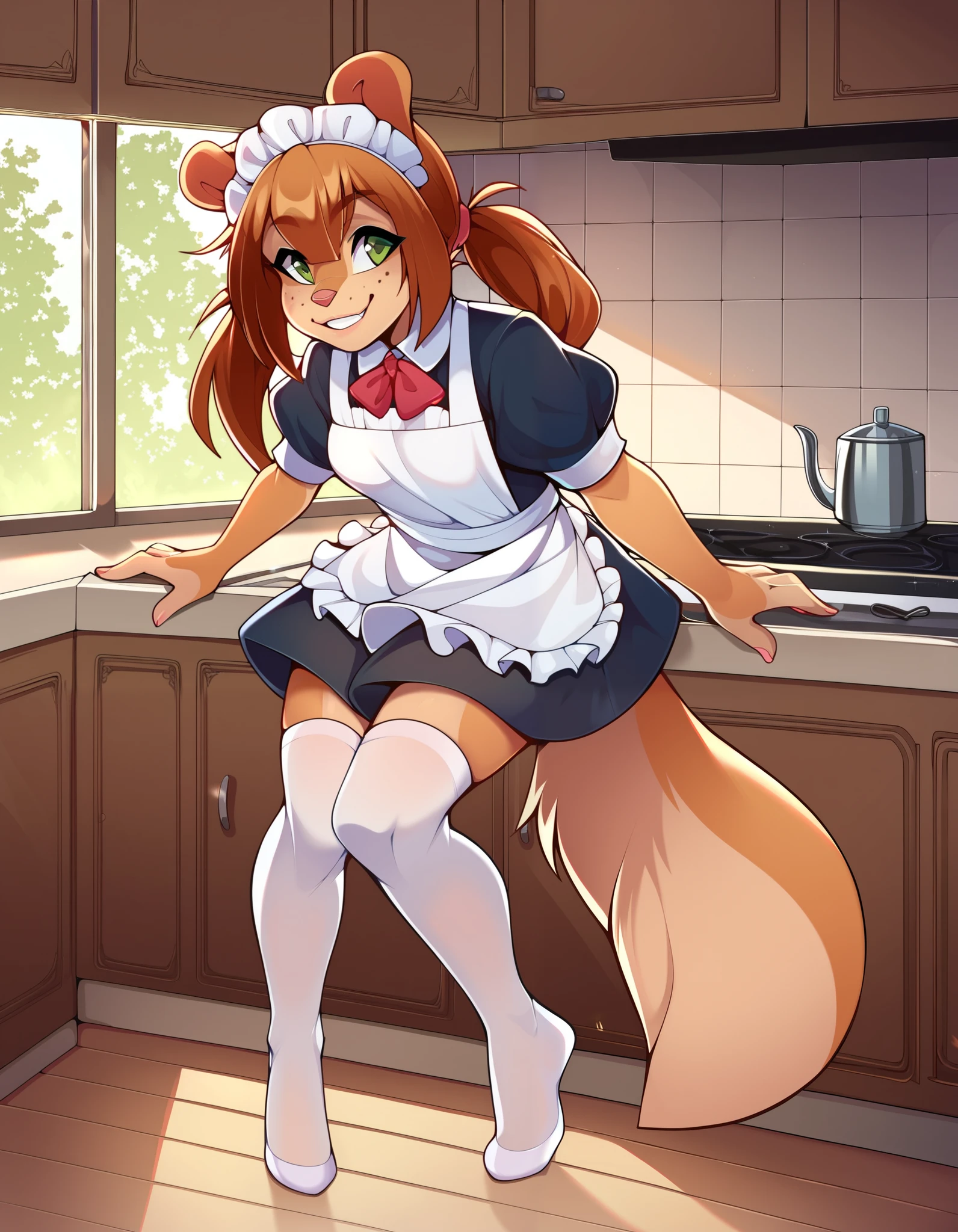 kitchen, Rocketgirl,1girl,solo,animal ears,furry female,tail,brown hair, long hair,green eyes,bangs,freckles, brown fur,full body,sidelocks,twintails,two-tone fur, full body, long eyelashes, smile, maid, white thighhighs, maid headdress, 