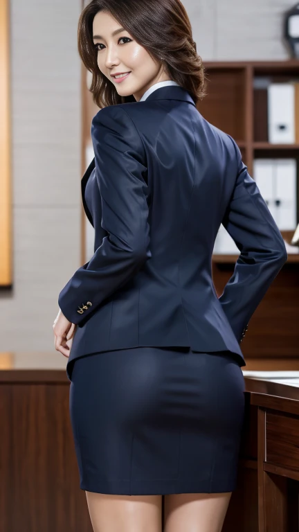 close up of legs,45 degree side,woman, 23 years old,35mm masterpiece,Navy blue suit and mini bag,Gently place your left hand on your chin,Right hand holding chest,smile,Blur in the office。
