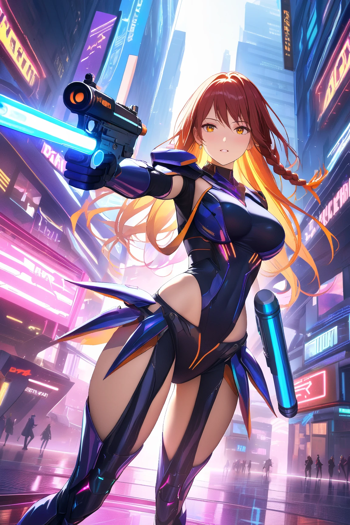 Beautiful girl, single, hair tied in two buns, red hair, glowing wires. Wear a half hat, headphones, bunny ears, and a neon sci-fi robot leotard. Behind it is a robot with neon lights. The background image is a large robot clearly visible, on stage playing Keytar.