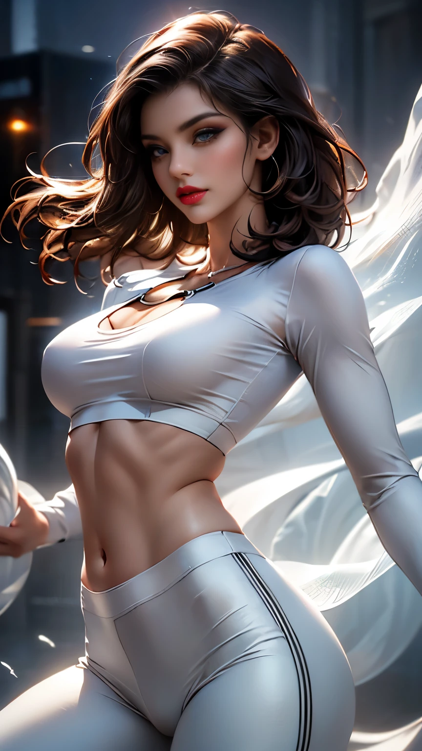 (High resolution, realista) retrato de una hermosa chica coreana con (cabello blanco ondulado) y (heterochromic eyes)Ella lleva un (Camisa blanca suelta) y (pantalones de yoga) que la muestran (abdominales apretados) y (Dedos de camello), mientras que su (pechos gryes) y (piernas largas) add to the allure. Big ass,yoga exercise pose