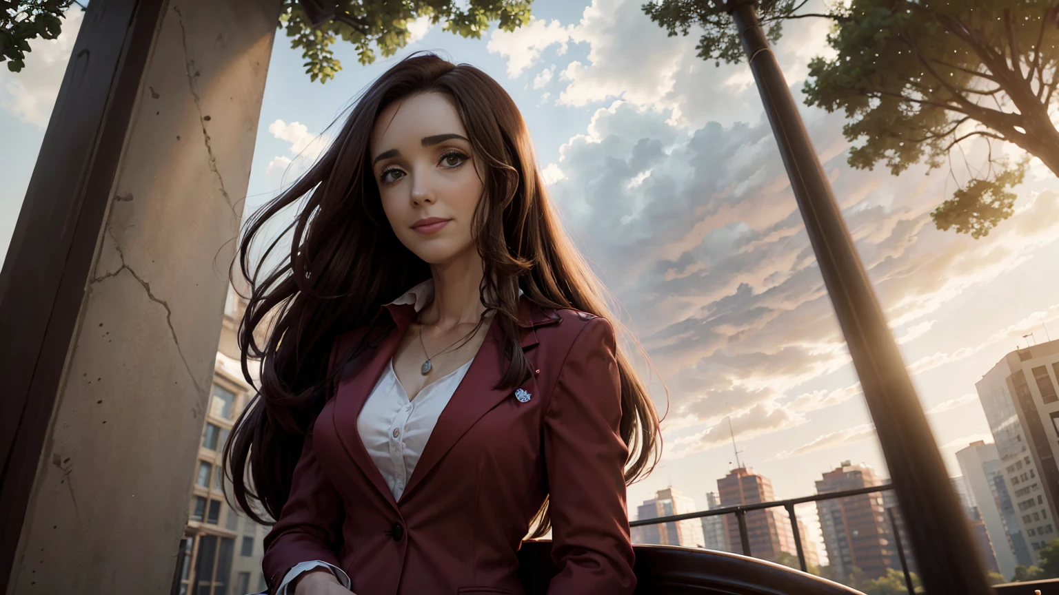 8K,  Best Quality , Victoria Villarruel dressed in a scarlet red suit as a lawyer,  Detailed face, smooth face,  long dark brown hair, slender with wide hips ,  warm smiling expression . outdoors, Square with trees in the city of Buenos Aires,  clouds in the sky in the background, Rays of sunlight