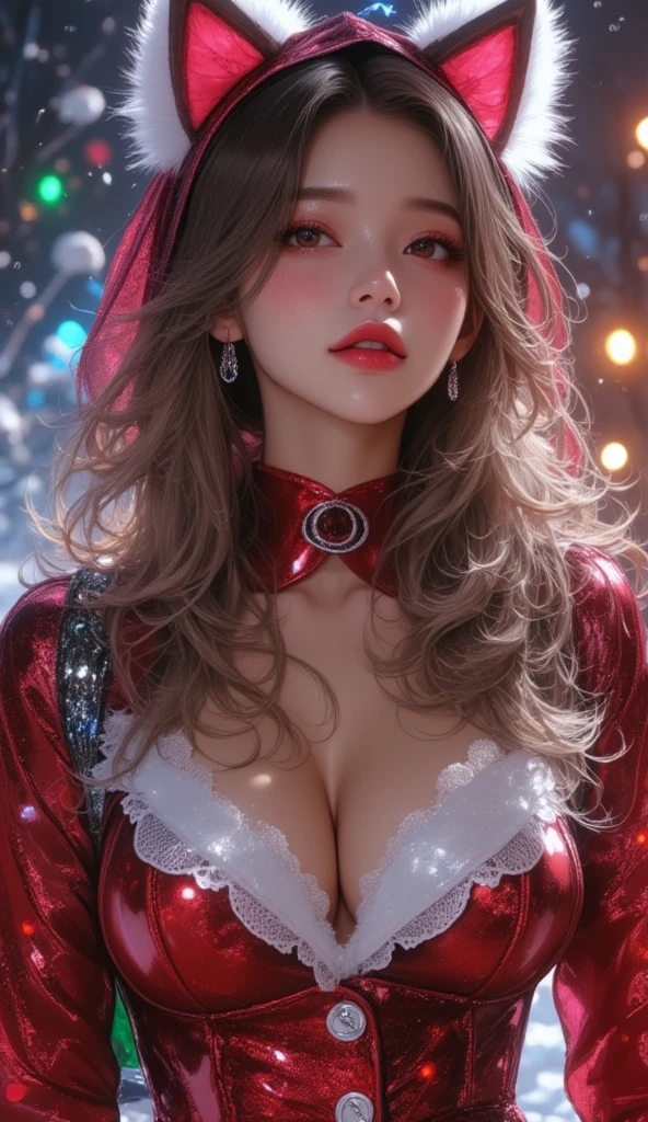 Cat ears、 Santa Claus柄のとても小さい黒いマイクロビキニ、  charming,desire, Obscene, Mature Woman, Captivating body lines , ((  fine facial features ,   mouth, eroticism)),  dramatic lighting  ,  realistic , 8k, Cinematic Composition , dark moody vibe ,  Dramatic Shadows ,  intricate and elaborate pattern  ,  30 megapixel  ,   super detailed photo  ,  chiaroscuro lighting  ,   moody color palette ,Pleasant colors ,  deep contrast ,  super real 、 pink lipstick、 snowy Christmas tree straddling a sleigh、 white christmas、 full body view、Drawing composition、 cinematic composition、 seductive thighs 、Exuding sexiness、Use warm colors、 Santa Claus、Sensational Reindeer Girl 、 Upper Body Nude、Beautifully detailed and realistic nipples、 erect nipples 、heavy snow、((Big Breasts:1.3))