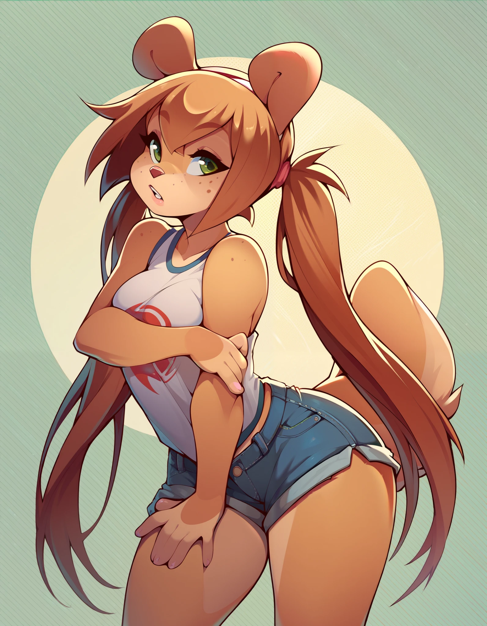 Rocketgirl, 1girl,solo, animal ears,furry female,tail,brown hair,long hair,green eyes,bangs,freckles,brown fur,sidelocks,twintails,two-tone fur