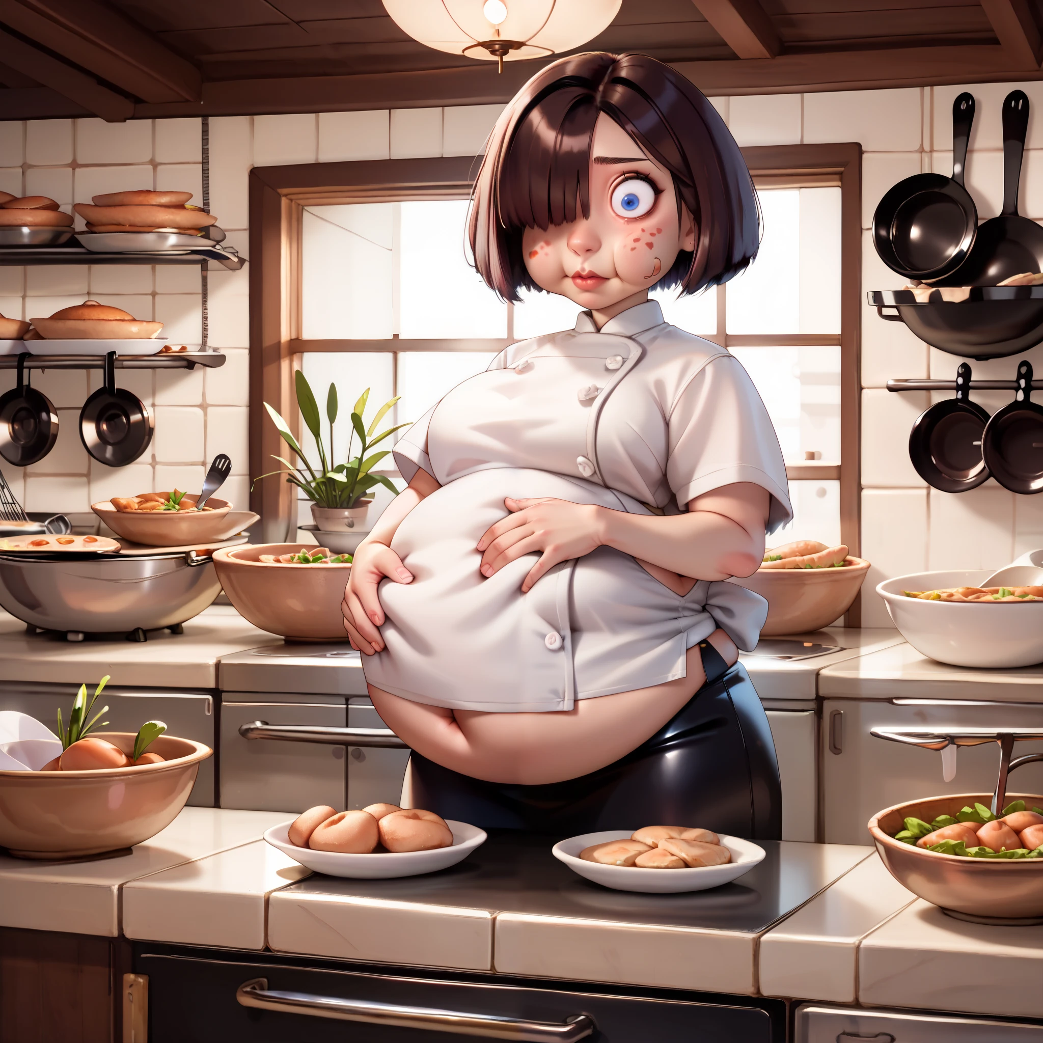 By wlop, one goth girl, (colettetatou
bob cut, blue eyes, brown hair, chef), g4n1m3, tight belt, ((,wide eyes, hair covering one eye, exhaling, puffing out cheeks, puffed cheeks)), ((overstuffed belly)) (in a kitchen) ((very breasts))  ((volumetric and specular lighting)), ((overstuffed)), , (hand on the front of her belly) ,, full body picture ((stretched clothes)), (belly peakout from under top), ((small hint of belly))