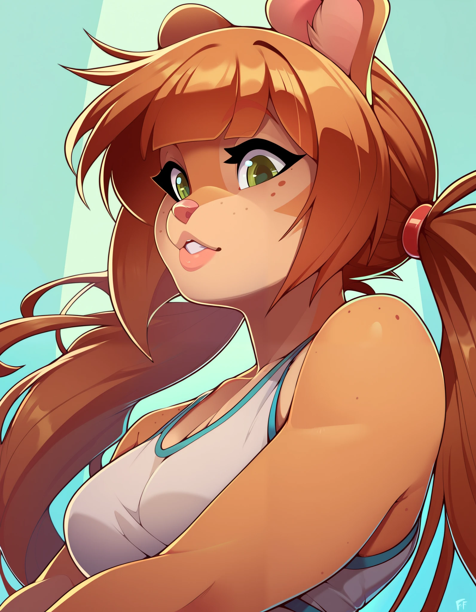 Rocketgirl, 1girl,solo, animal ears,furry female,tail,brown hair,long hair,green eyes,bangs,freckles,brown fur,sidelocks,twintails,two-tone fur