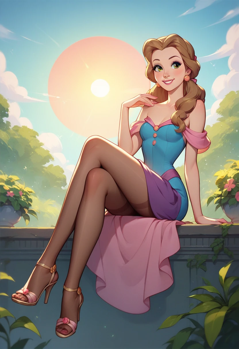 Belle, very tiny miniskirt,  Black sheer pantyhose,  high heels,  smiling,  sitting crossed legs,  sun shiny day 
