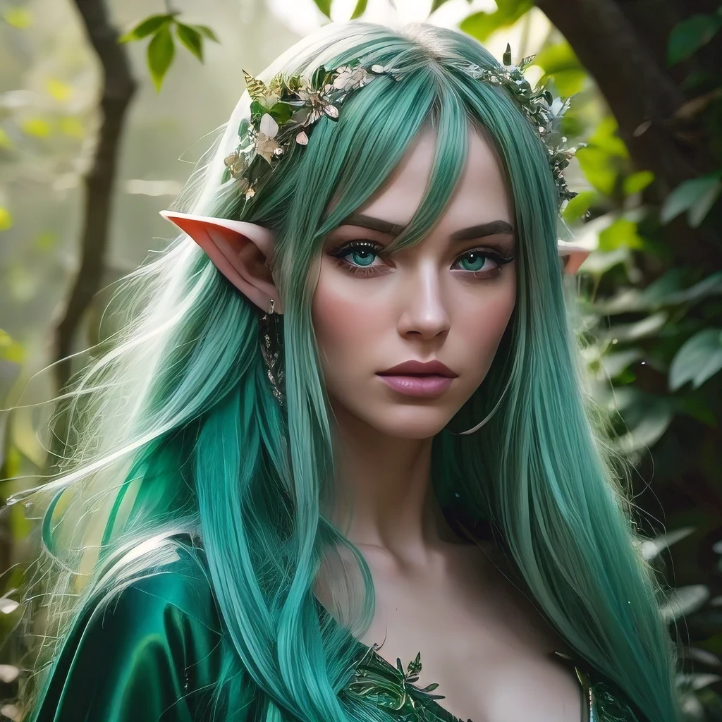 Professional upper body portrait photo, (Photo 4k:1.1), by (Jeremy Lipking:0.3), (Dittmann Anna:0.3), (Cécile:0.3), (sharp focus:0.1), high detail. A beautiful elven sorceress in emerald-green attire, wearing an emerald-green robe adorned with delicate vine and flower patterns, poses in a mystical forest, surrounded by glowing plants. She has long, aquamarine hair with bangs, emerald-green skin, a diamond-shaped face with high cheekbones and long elven ears, soft-angled emerald-green eyebrows, almond-shaped, emerald-green eyes with double eyelids, smoky plum and lavender eyeshadow, fine black eyeliner, soft coral blush, full lower lips painted in a deep rose shade, and an instagram-model pose, appearing confident. Features include a fit, slim body, an attractive hourglass figure, medium breasts (1.2), perfect anatomy, and perfect symmetry (1.2). Realistic, realistic face (1.2), perfect face, content, confident. Highly detailed, dramatic, cinematic lighting, soft lights, negative erratic motion fluctuation.