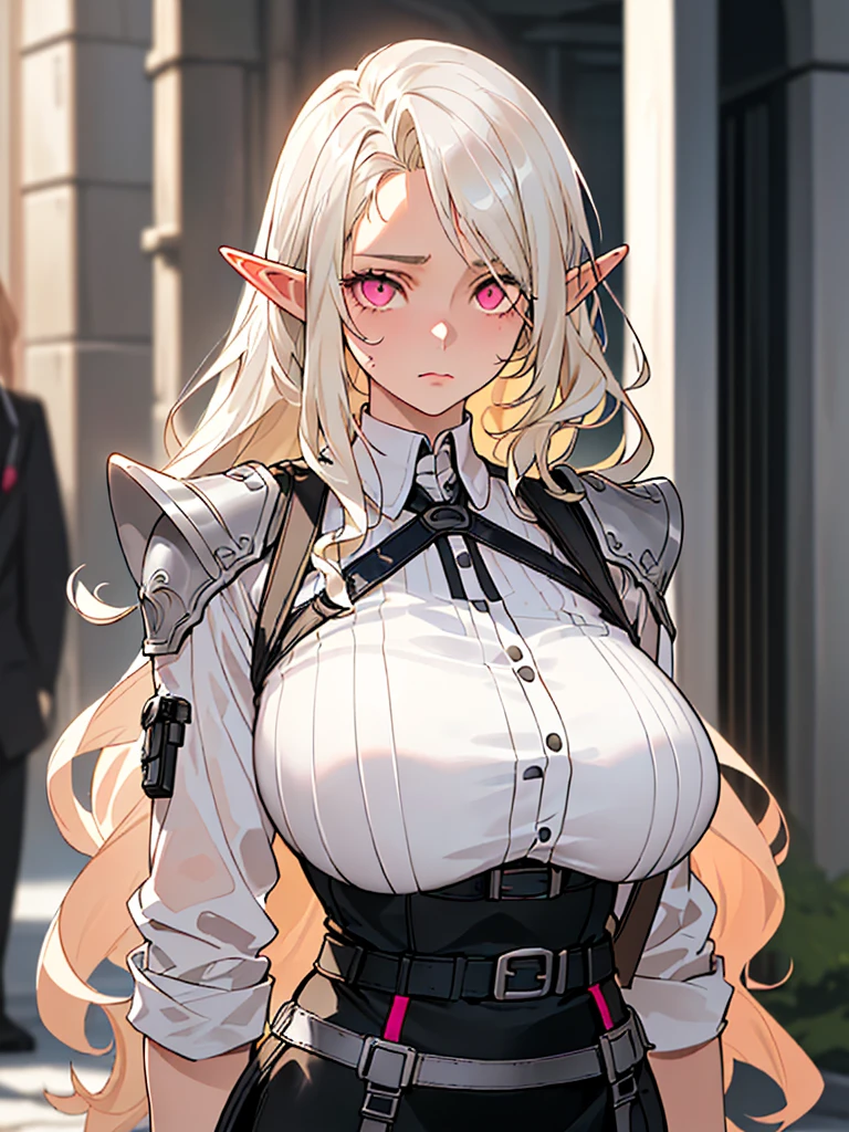 ((SFW)), ((head-to-waist portrait)), ((solo)). ((1girl, youthful girl, elf girl)), ((pink eyes, silver eyes, pink-silver eyes, beautiful eyes, expressive eyes, calm expression, serene expression, neutral expression, slight smile, beauty spot, high-quality eyes, pointed ears, pointy ears, elf ears, long pointed ears)), ((blonde hair, pale blonde hair, long hair, wavy hair, curly hair, messy hair, swept bangs, uneven bangs, stylish hair, uneven hairstyle, asymmetrical hairstyle)), ((slim:1.3, slender:1.3, thin:1.3, enormous breasts: 1.5, huge breasts:1.4, large breasts:1.3, big breasts:1.2, round breasts:1.5 heavy breasts:1.5)), ((office lady, stylish outfit, elegant outfit, tactical outfit, black suit, skirt suit, white blouse, black tie, ((shoulder holster, holster, harness, chest harness)), black skirt, pencil skirt, High-waisted skirt, tactical clothes)). ((Anime)), ((high quality, masterpiece, 32k, detailed face, detailed eyes, detailed hair, detailed outfit)), ((anime)), (realistic proportions), (good anatomy), cinematics, outdoors, outside, city, street, cinematic lighting, perfect lighting, depth of field