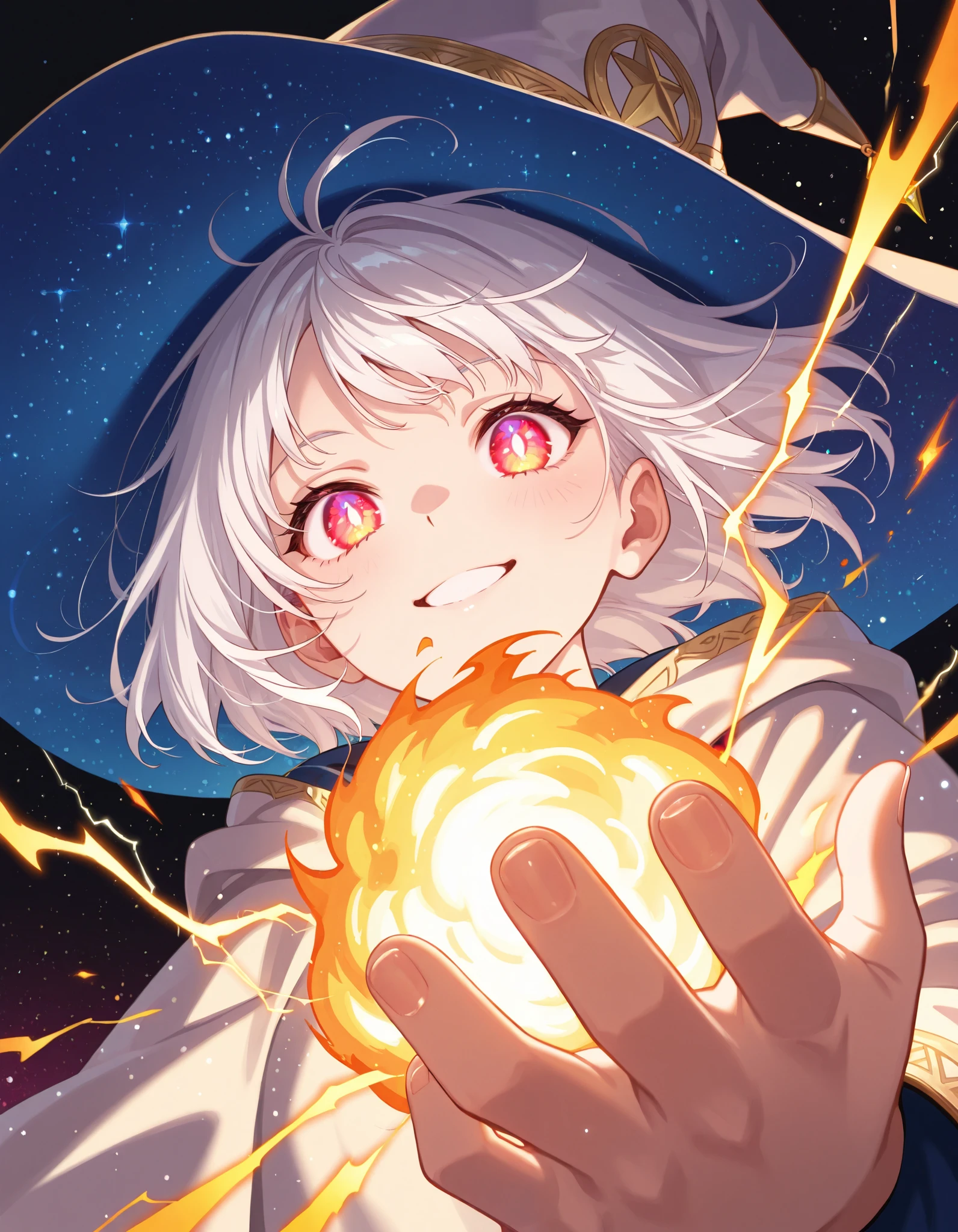 colorful, 1girl, solo, ****, happy, close-up, from below, magic, casting spell, holding fire, (light trail, electricity, light particles), wizard, wizard hat, white hair, short hair, glowing red eyes, black background, multicolored background, masterpiece, best quality, newest, very awa