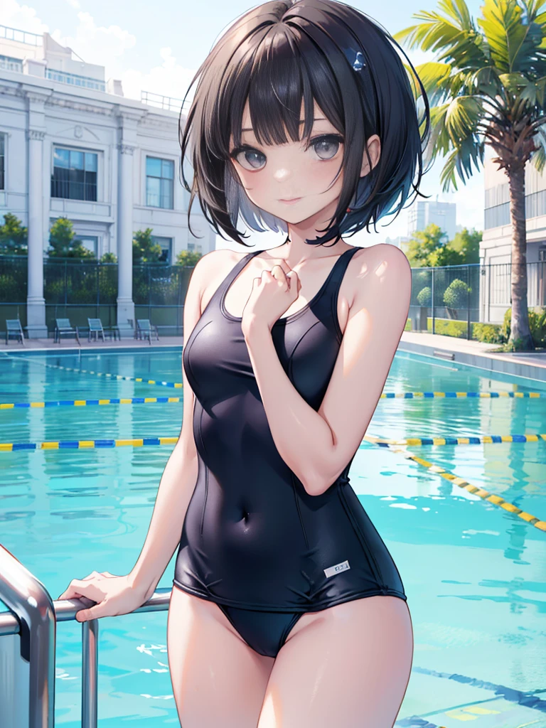 (8k、best image quality、highest quality、masterpiece)、detailed face、1 girl、black hair、bob cut、dull bangs、gray eyes、evil smile、small breasts、one piece swimsuit、cowboy shot、buttocks、blue sky、pool background、