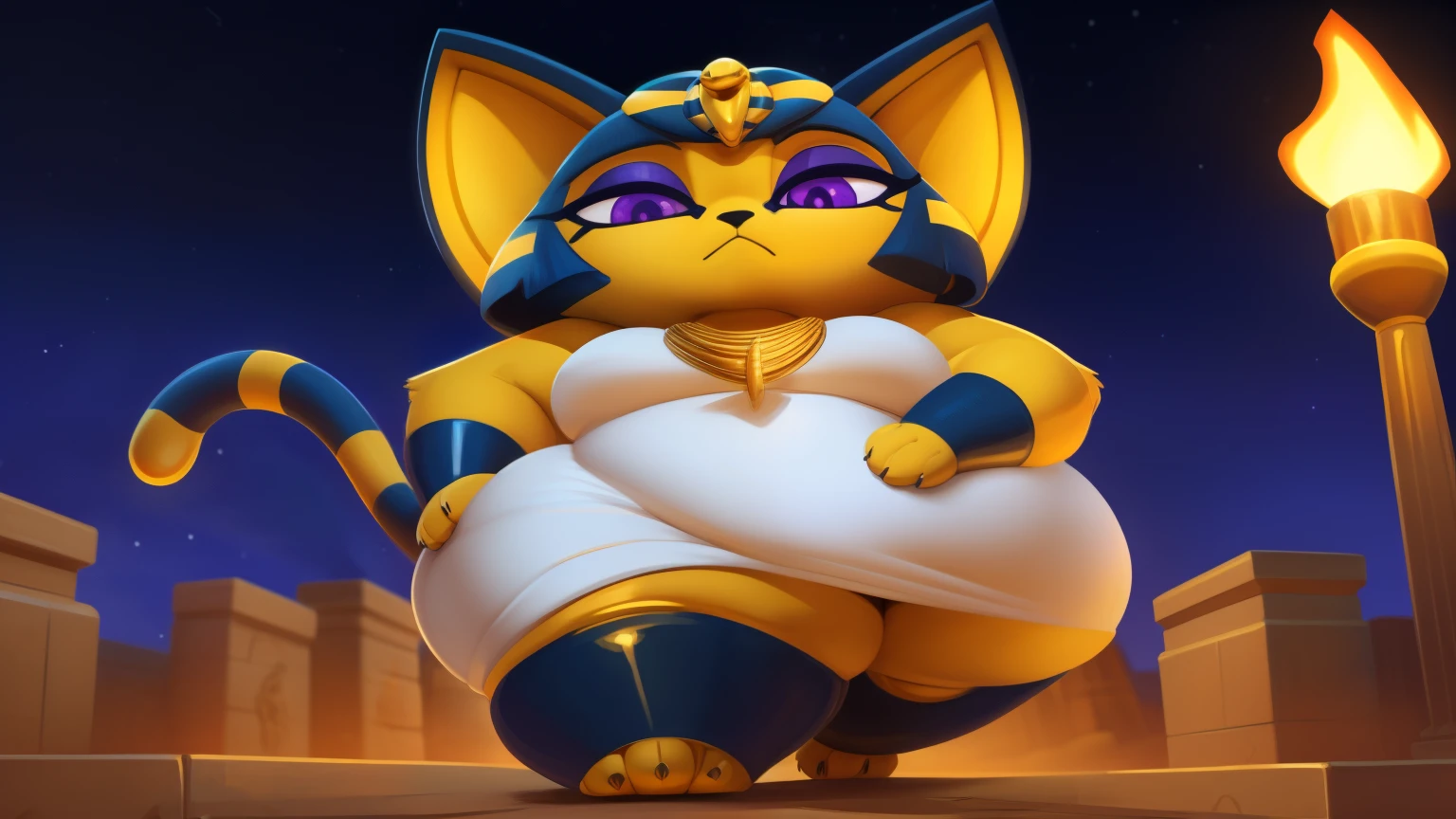 [ankha; Animal Crossing], [Uploaded to e621.net; (Pixelsketcher), (wamudraws)], ((masterpiece)), ((HD)), ((solo portrait)), ((full body)), ((front view)), ((feet visible)), ((furry; anthro)), ((detailed fur)), ((detailed shading)), ((beautiful render art)), ((cinematic lighting)), {anthro cat; (slim figure), yellow fur, black nose, (cute purple eyes), (indigo eyeshadow), (egyptian eye make-up), cat ears, long cat tail, (gorgeous wide hips), (small ), (beautiful legs), (beautiful paws), (black claws), (frown)}, {(tight white dress), (colorful necklace), (detailed snake headwear), (blue bracers), (gold anklets)}, {(walking), (hands on hips), (looking at viewer)}, [background; (sandstone walls), (club), (torch in background), (starry sky), (sun rays)] (bbw), (horglass body), (perfect fat body), ((ssbbw))