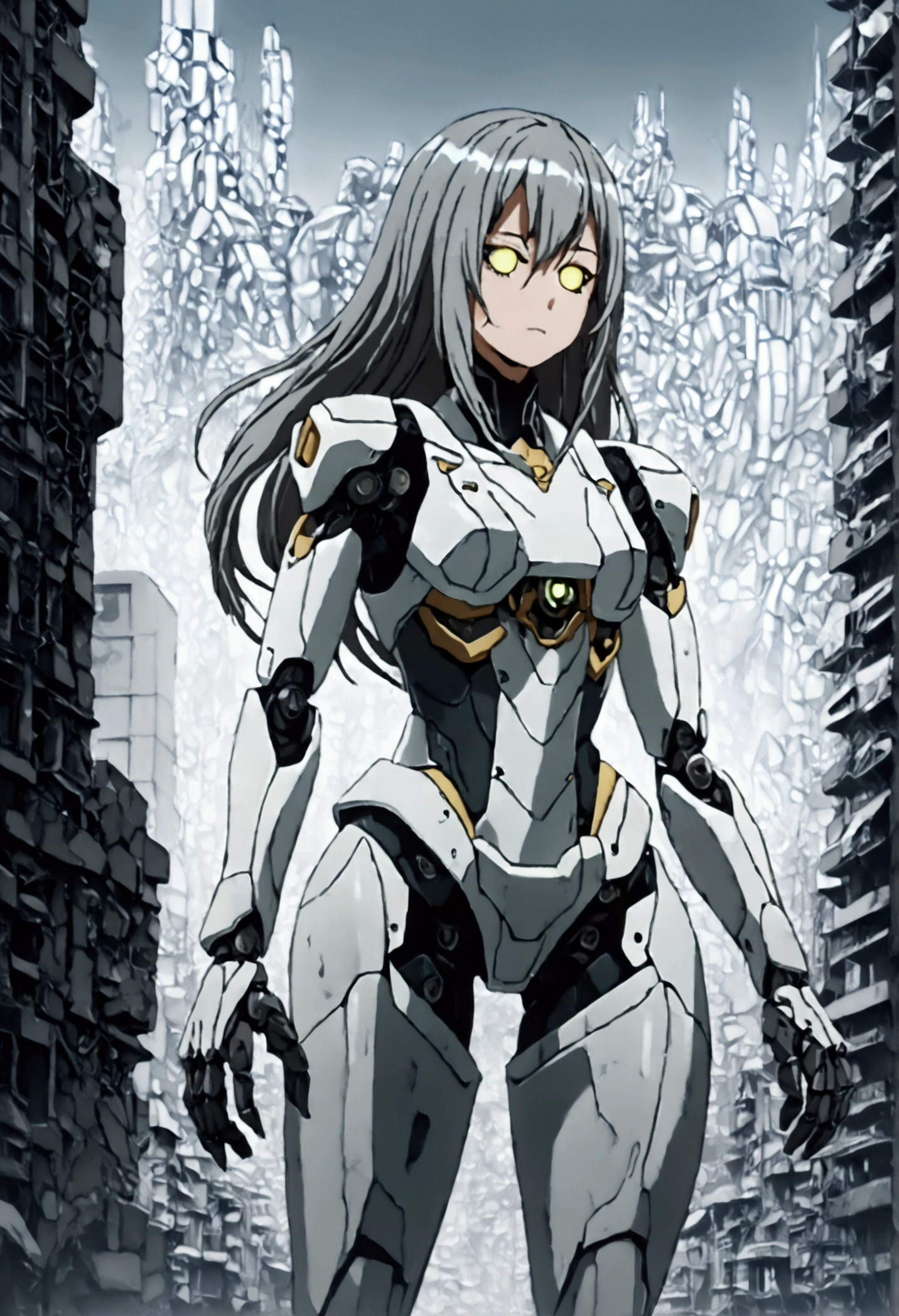 ((robot girl, mecha)), glowing eyes, delicate face, broken armor, mechanical aura, mechanical arm, gray hair, long hair, ceramic body, thigh gap, small breast, cyber background, very fine city, (translucent, reflective skin), 8k, best quality, ultra-detailed, (surrealism: 1.4),  