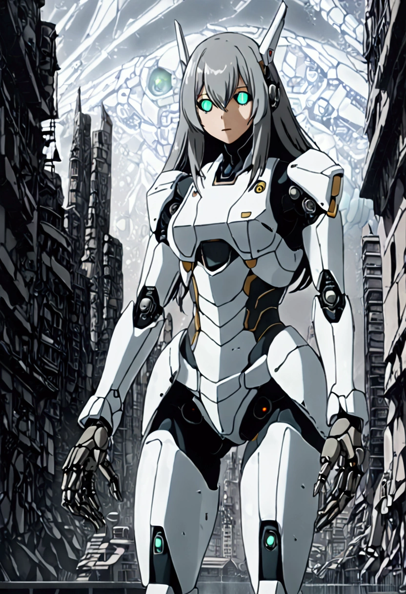 ((robot girl, mecha)), glowing eyes, delicate face, broken armor, mechanical aura, mechanical arm, gray hair, long hair, ceramic body, thigh gap, small breast, cyber background, very fine city, (translucent, reflective skin), 8k, best quality, ultra-detailed, (surrealism: 1.4),  