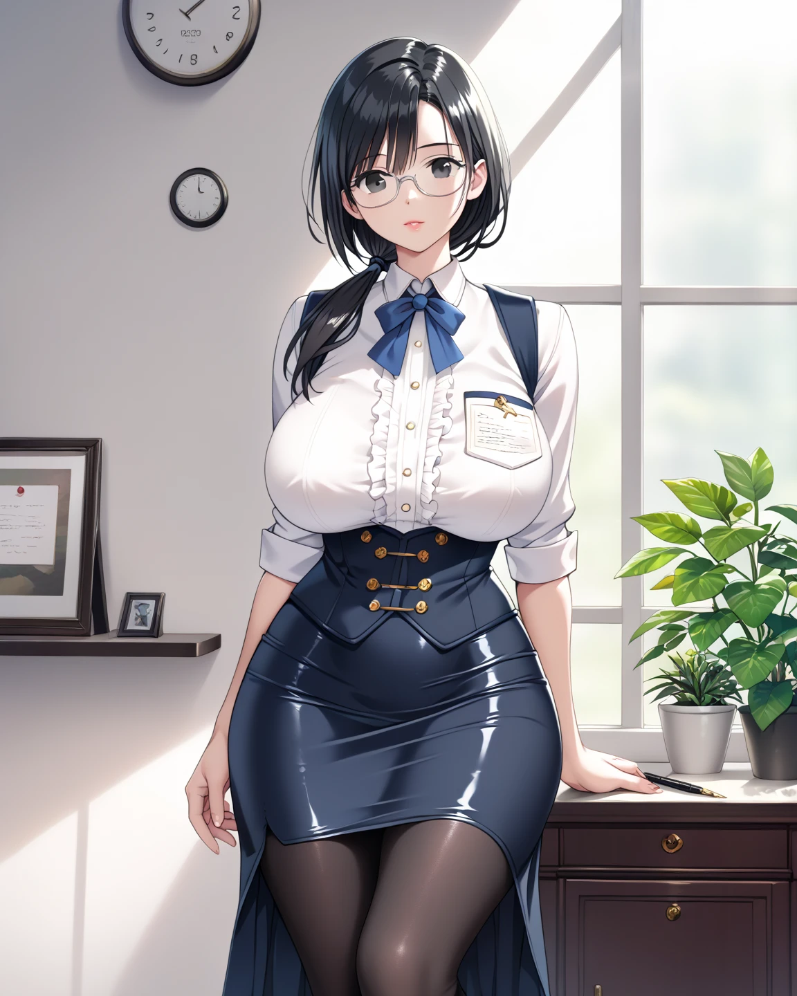  Masterpiece, 1 Guild Receptionist ,　pen and documents:1.5 ,((Guild Receptionist Uniform:1.4)), Corset Vest ,((Long tight skirt with slits :1.4)),,Silver glasses,(( Black Knee High Tights:1.2)),Height: 165cm, beautiful body line ,Big Breasts,(( hang a low ponytail with black hair over your shoulder:1.4)), black eyes,A woman with a beautiful and kind face, beautiful model standing, viewed from oblique front,((:1.4))