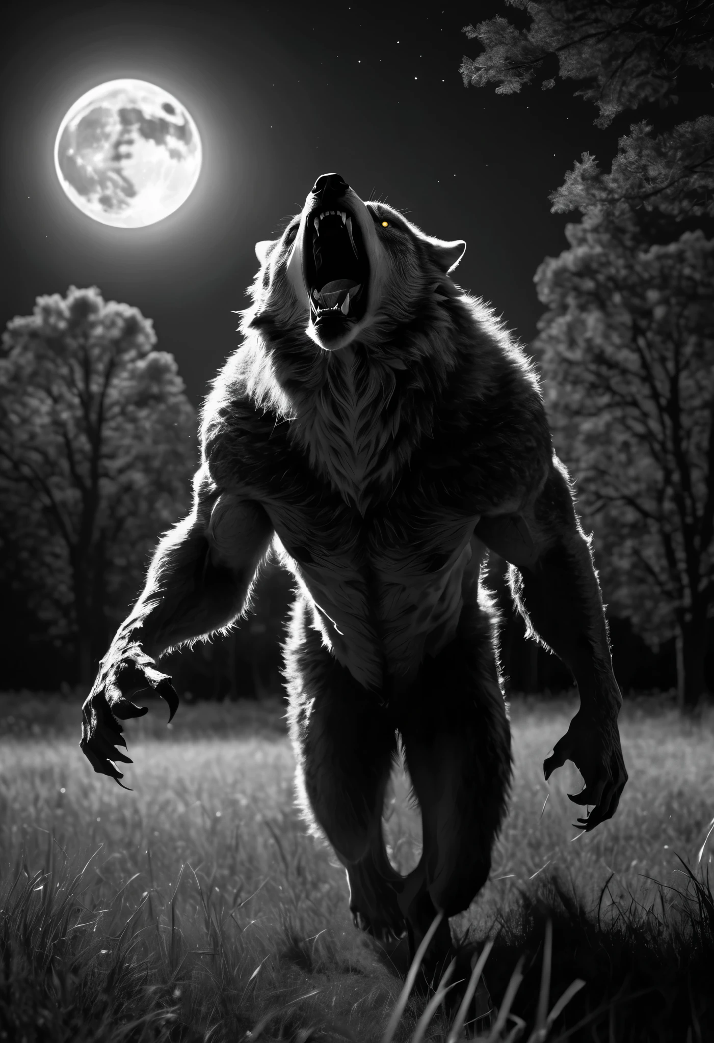 Black and white film, 1 strong werewolve roaring under a full moon, Werewolve with open arms, Roaring to the sky, grassland, Grass, Trees, milk, Fear atmosphere, high detail, cinematic lighting, first-person view