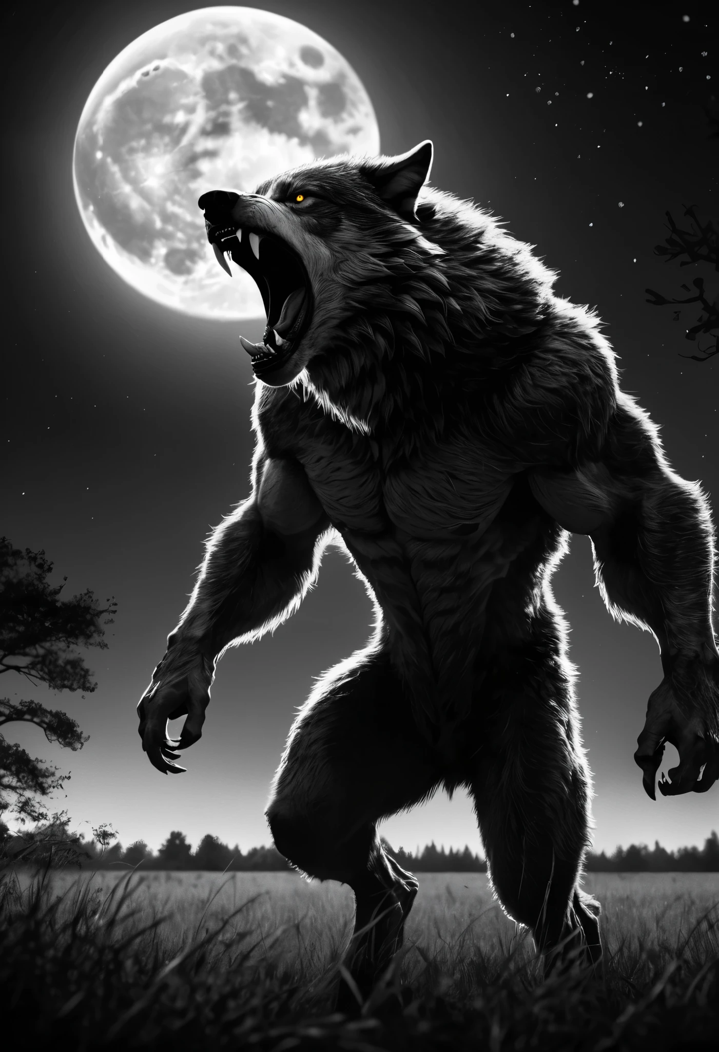 Black and white film, 1 strong werewolve roaring under a full moon, Werewolve with open arms, Roaring to the sky, grassland, Grass, Trees, milk, Fear atmosphere, high detail, cinematic lighting, first-person view