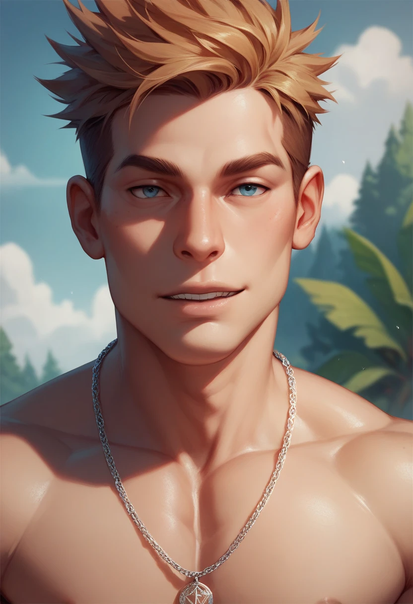 close up of a young blond, muscled_toned_perfect_body, man, wearing thong, sitting on the pathway, smiling the most hansome man ever seen, modern hair cut, oval face, large blue eyes, roman nose, full lips, square chin, he is smiling, in the distance a style realism+neoclassical, intricate details, leading lines composition, intense cold solid colors, plantation_house_ in_louisiana+river+bridge+pathway+forest, of willows, at dawn you see a path flanked by huge willow trees whose branches hang, in the background an elegant 3-story neoclassical plantation house with gothic columns surrounded by a beautiful garden with multi-colored flowers, in the background a river