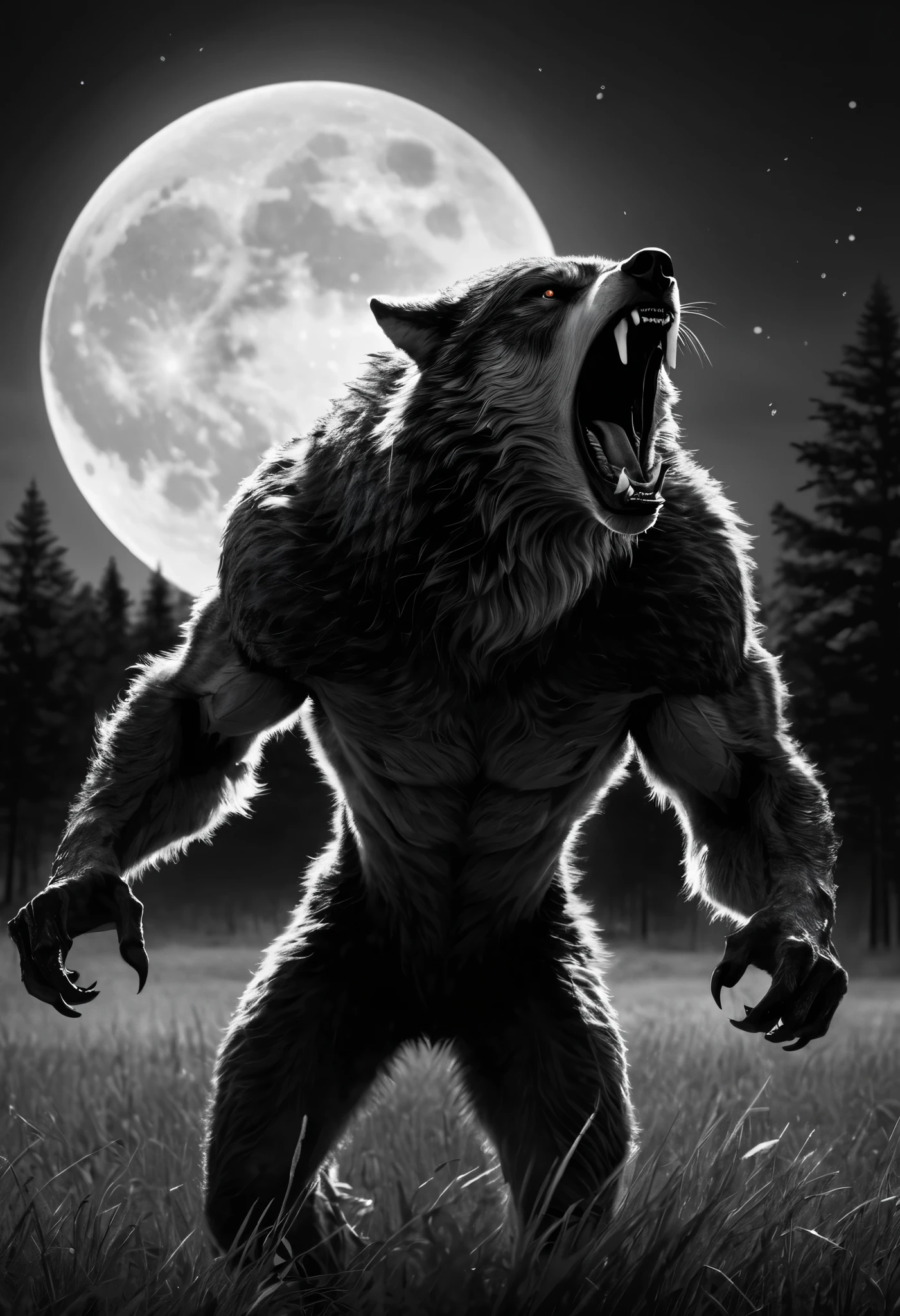 Black and white film, 1 strong werewolve roaring under a full moon, Werewolve with open arms, Roaring to the sky, grassland, Grass, Trees, milk, Fear atmosphere, high detail, cinematic lighting, first-person view