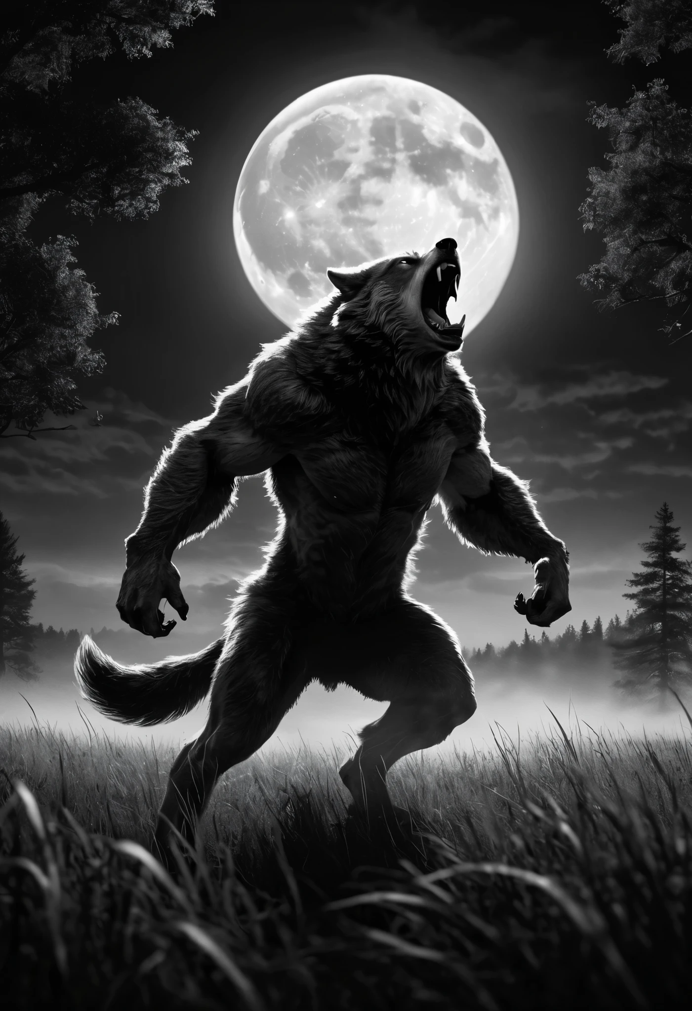 Black and white film, 1 strong werewolve roaring under a full moon, Werewolve with open arms, Roaring to the sky, grassland, Grass, Trees, milk, Fear atmosphere, high detail, cinematic lighting, first-person view