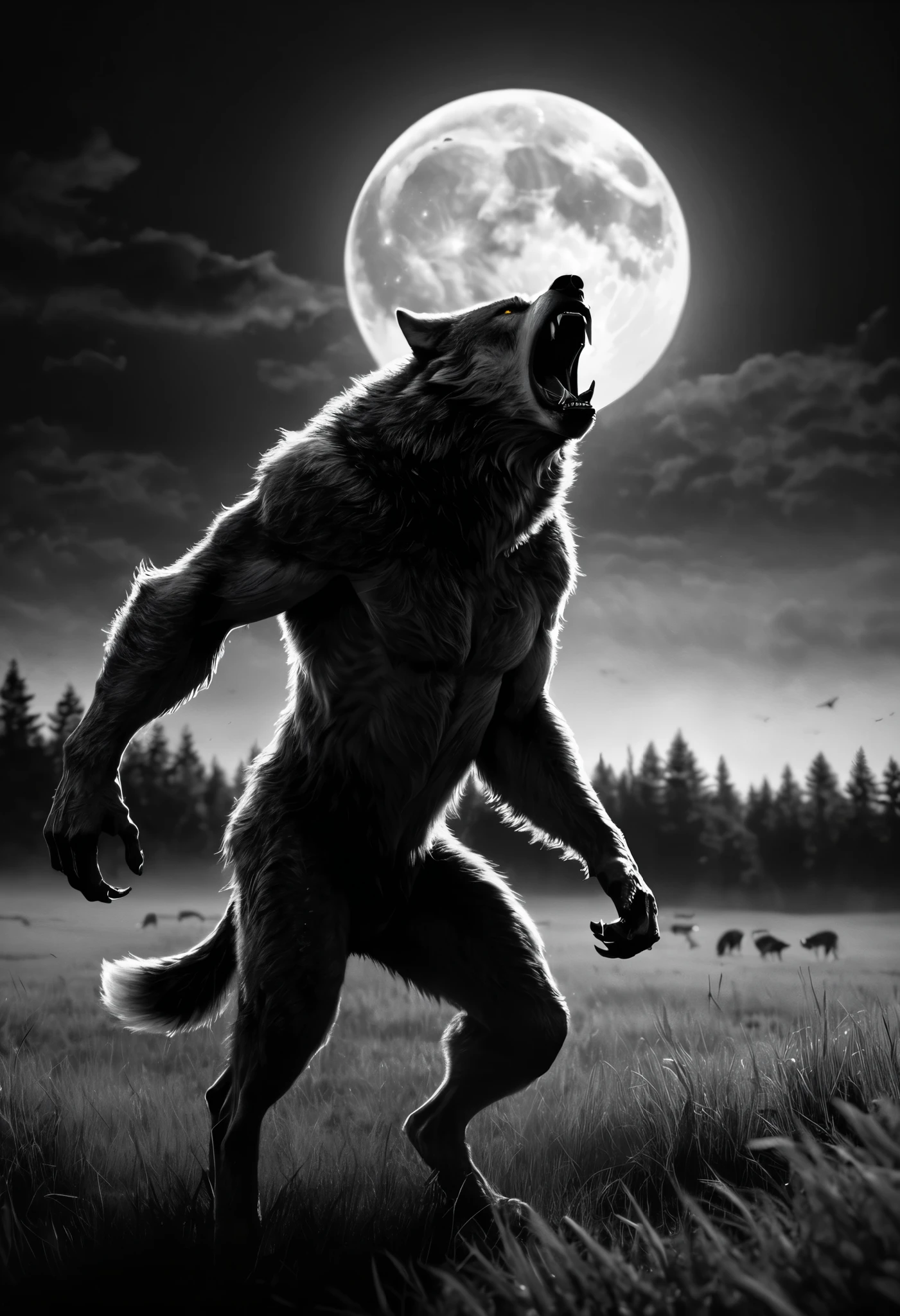 Black and white film, 1 strong werewolve roaring under a full moon, Werewolve with open arms, Roaring to the sky, grassland, Grass, Trees, milk, Fear atmosphere, high detail, cinematic lighting, Third-person perspective
