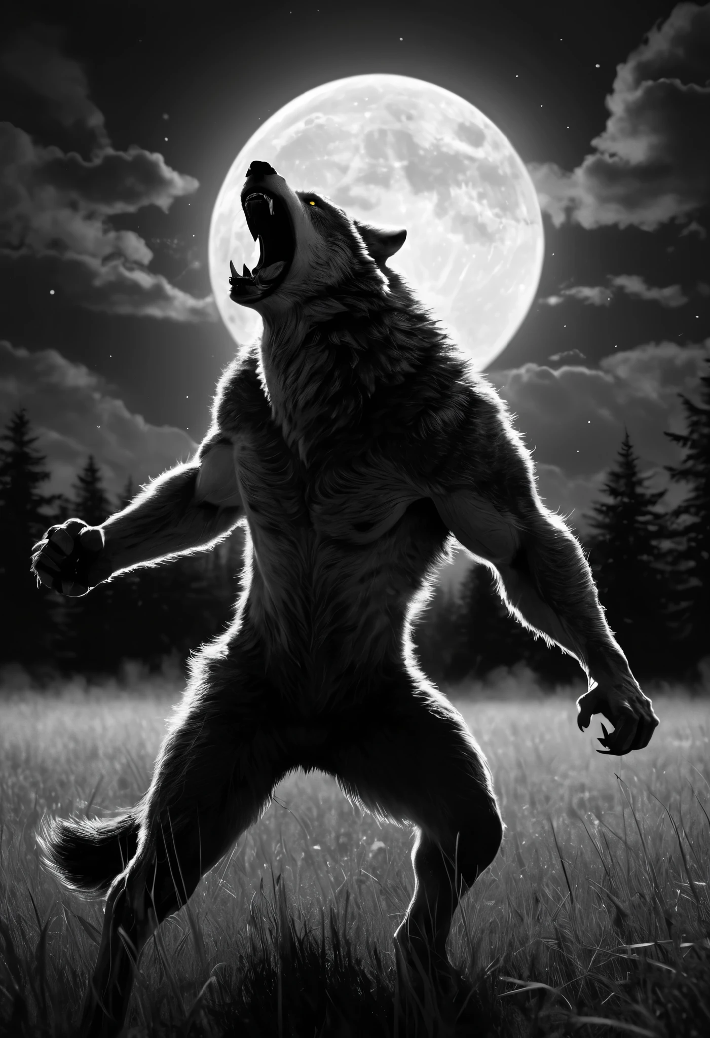 Black and white film, 1 strong werewolve roaring under a full moon, Werewolve with open arms, Roaring to the sky, grassland, Grass, Trees, milk, Fear atmosphere, high detail, cinematic lighting, Third-person perspective