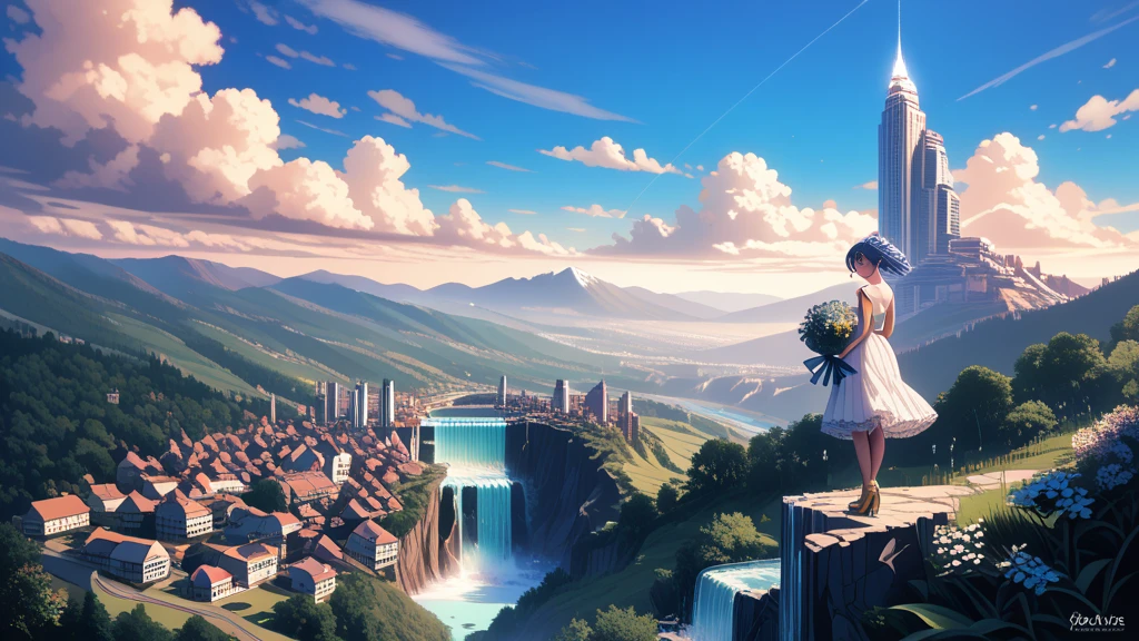 solo, girl\((trunsaya:1.0),future,Trunks,20 years old, white dress, blue eyes, black pupil, blueberry hair, yellow shoes with black tips,back view,full body,holding bouquet\) standing on top of skyscraper. background\((village view:1.4),(waterfall:1.3),\),(landscape:1.3),score_9, score_8_up, score_7_up, score_6_up, score_5_up, score_4_up, source_anime,source_furry,rating_safe,rating_questionable,masterpiece, best quality, perfect anatomy , very aesthetic , absurdres,scenery, (limited palette:1,2),realistic,good proportion sword