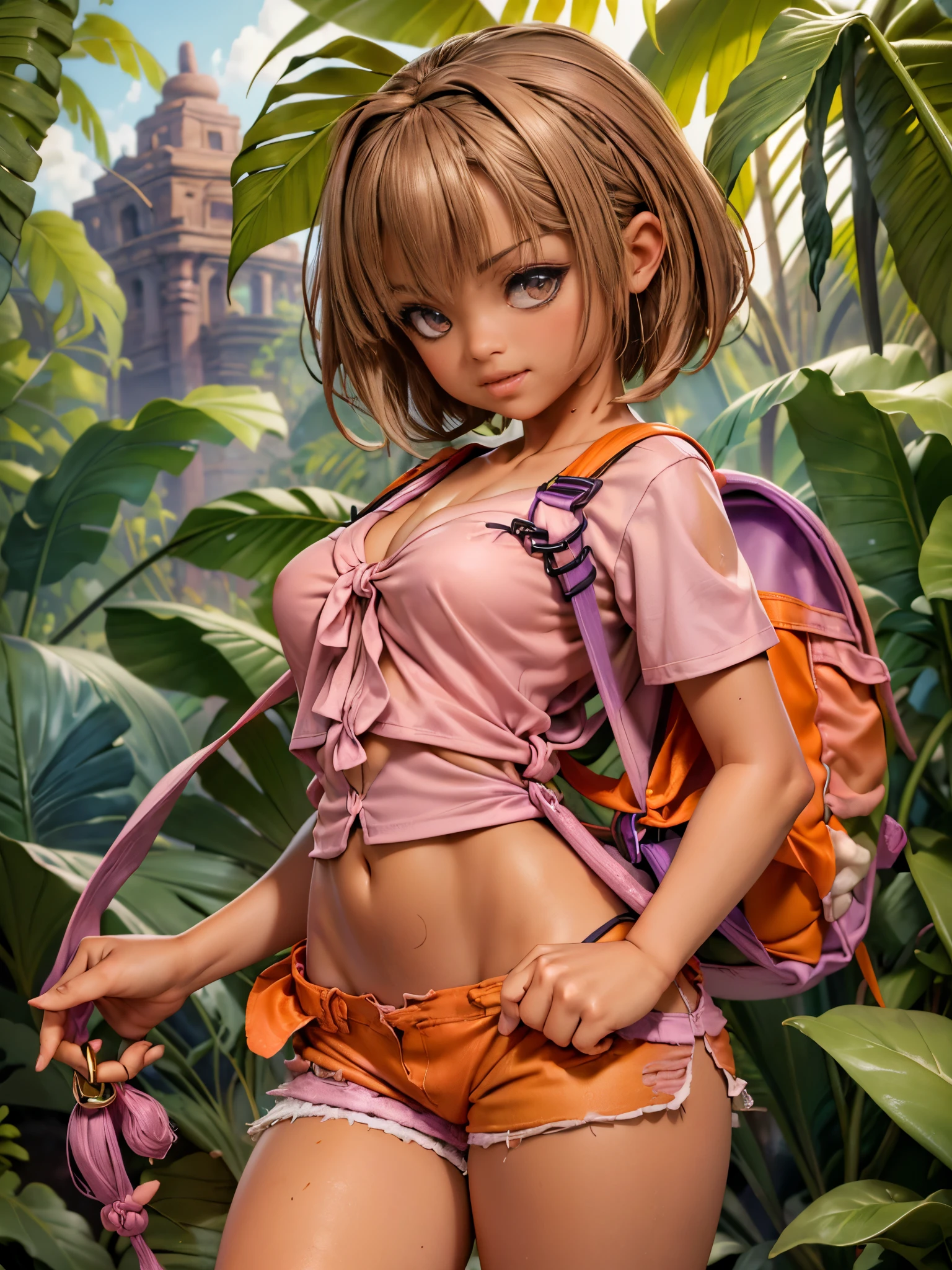 (masterpiece), best quality, expressive eyes, perfect face, (Maya Ruins deep in the jungle background), (standing), (smirk), (1girl, age 18+, Jenna Ortega face, Latina, dark skin, tanned skin, brown hair, short hair with bangs, bob hairstyle, brown eyes, hourglass figure, thin body, skinny body, petite_body, wide hips, thick thighs), (((loose fit v-neck pink shirt)), croptop, short sleeve, ((torn orange shorts)), ((purple backpack on back with sholder straps)), gold bracelet), frankie.babe, medium breasts