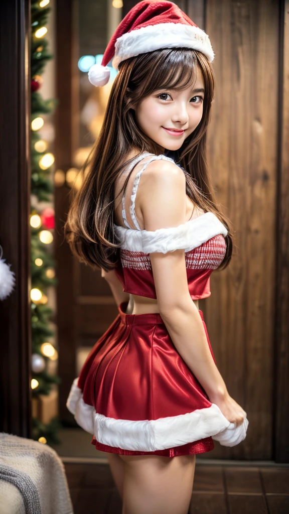 Back view, Fluffy Santa Clothes, Skirt, Show panties, Kawaii Girl, 20yr old, blush, High resolution, surrealism, Verism, Best Quality, high details, High resolution, Textured skin, Anatomically correct, awardwinning