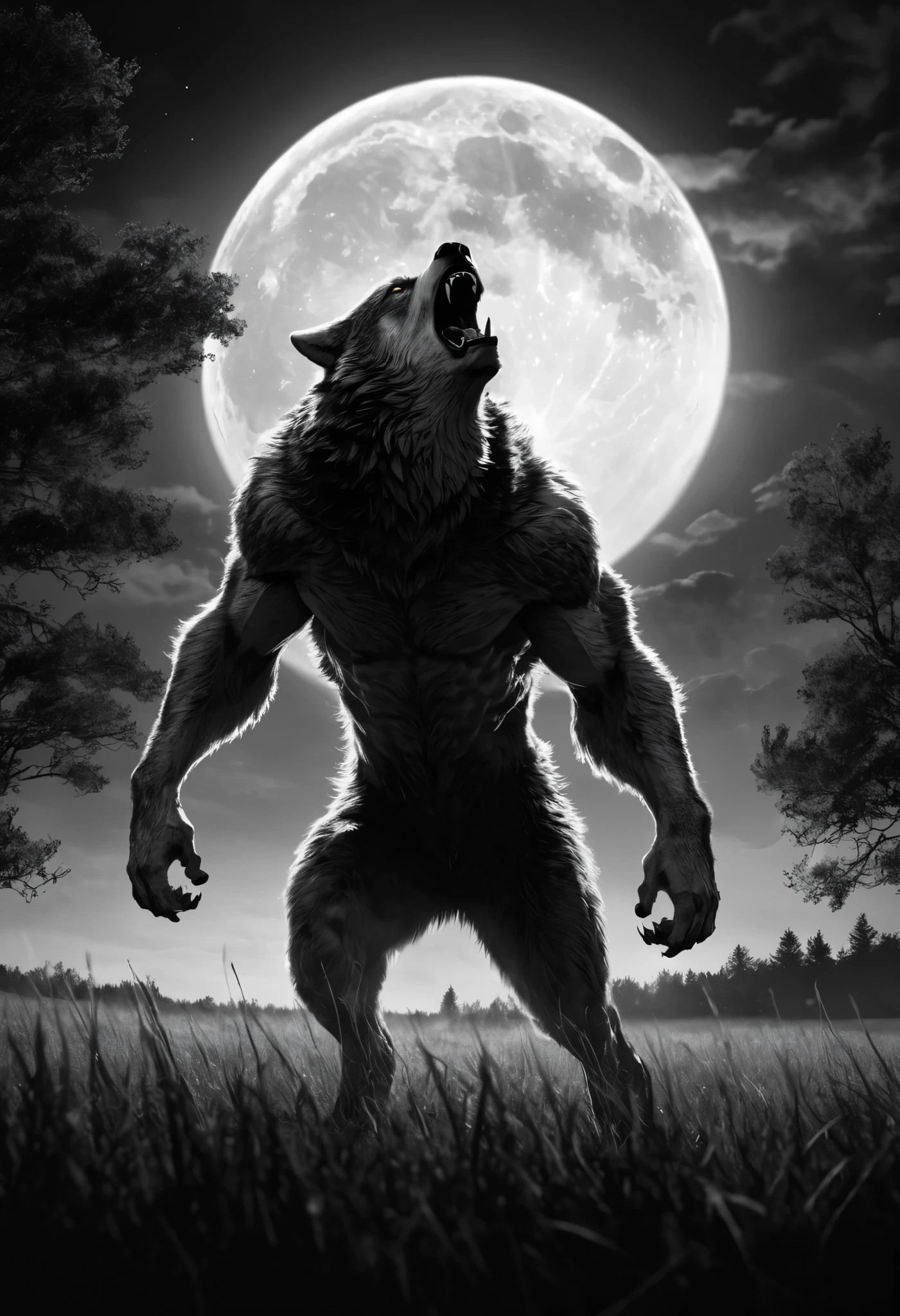 Black and white film, 1 strong werewolve roaring under a full moon, Werewolve with open arms, Roaring to the sky, grassland, Grass, Trees, milk, Fear atmosphere, high detail, cinematic lighting, Third-person perspective