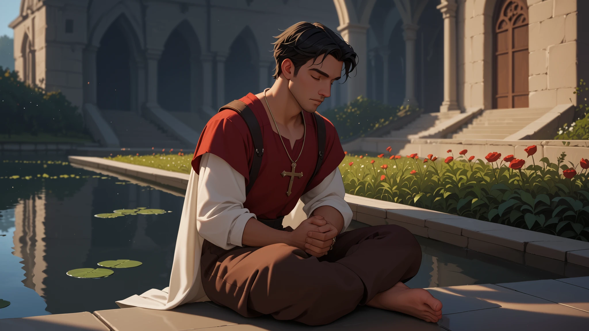 man praying,  strong man, red tunic, white sleeves, brown pants, armor breastplate,  well lit ,  depth of field,  full body,  silver crucifix necklace, silver rings ,  short hair,  black hair,  wet hair, barba, highly detailed,  high contrast ,  best quality ,  masterpiece ,  high definition ,  closed eyes , garden,  perfect face ,  perfect hands , perfect feet,  perfect eyes, perfect nose, Chrysanthemums,  bare feet , church, Lake, worship

