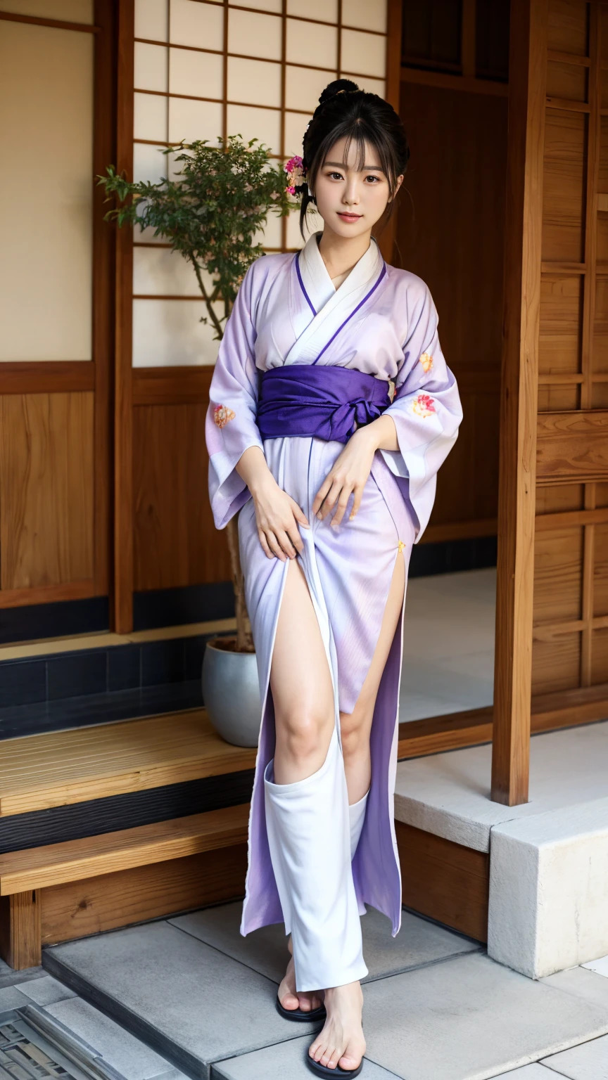 (Masterpiece), Photorealistic, Pretty 18-year-old woman, ninja, Shot Full Body, Canon F1 lens.4, (in an open yellow and purple kimono), Cute sexy, nudist, pleasure, adult body, seductive gaze, Slender Eyes, long disheleved hair, perfect anatomy, little smile, Slightly Open Mouth, (frame the head), Centered image, Prehistory of Medieval Japan, Sunset, Cinematic, dark fantasy style, Aesthetics of Japan, luminism, 16K resolution, human hands, miraculous, elegant, approaching perfection, dynamic, Depth of field, Film grain, Steve Hanks, Highly detailed, facing directly to the viewer, Stunningly beautiful, detailed hairstyle,