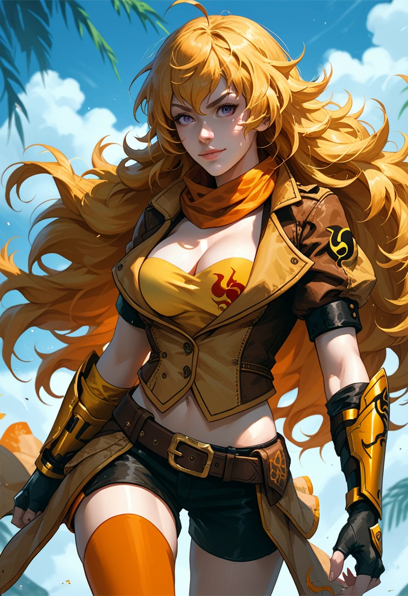 (Yang Xiao Long) from "RWBY", rwbyyangs1, brown jacket, short sleeves, vambraces, black gloves, fingerless gloves, black shorts, belt, orange thighhighs, single thighhigh, orange scarf, midriff, cleavage 