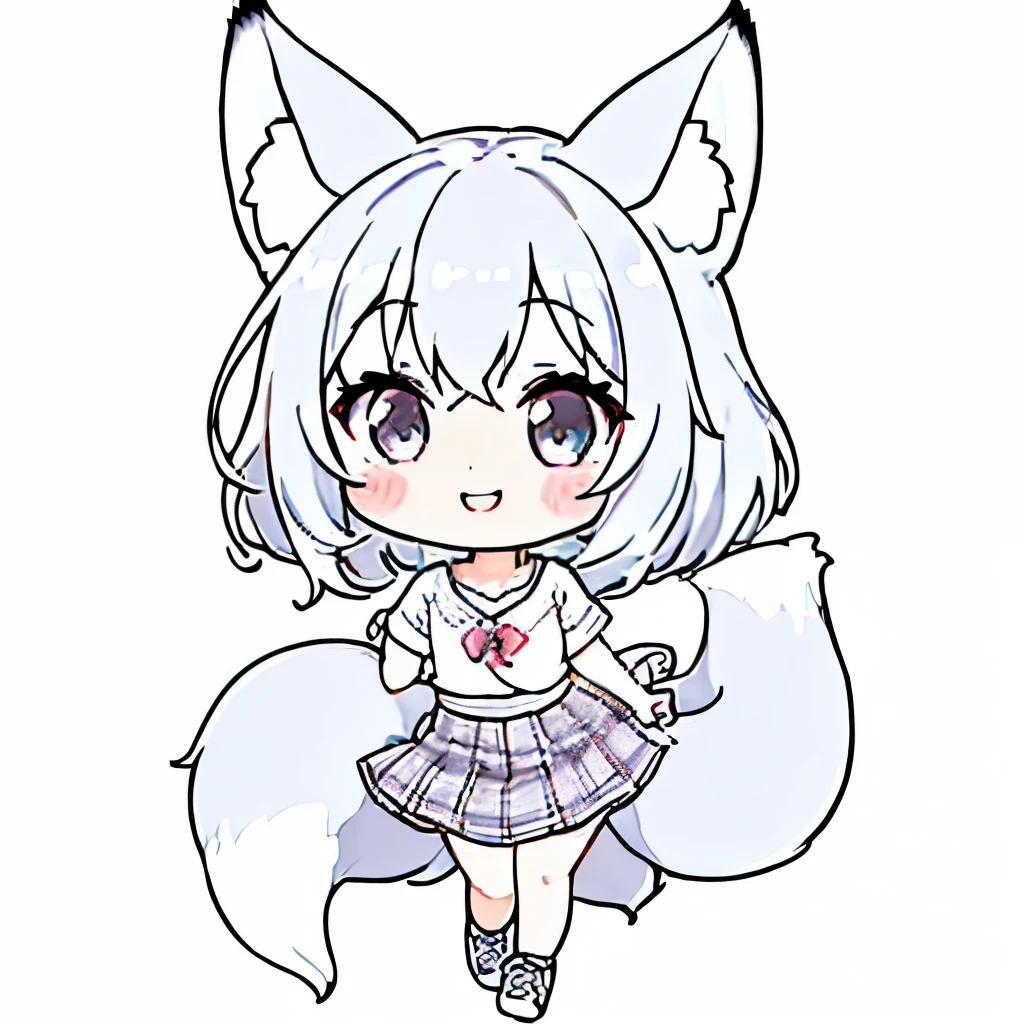  top quality、 high definition 、 Detailed Background 、 Beautiful Faces in Every Detail 、 anatomically accurate 、detailed expression、Detailed、((whole body、 from behind:1.5、 backshot、 facing the side))、break(( One Girl :1.2)、(Chibi Girl:1.2))、Vivid hair color、 big beautiful eyes、 plump lips 、(Cute clothes、 cute skirt、 cute sneakers )、break(( place your hands in front of your chest :1.2))、( happy expression:1.2、 big smile:1.2)、sweat、break( the background is pure white、((Fox)))