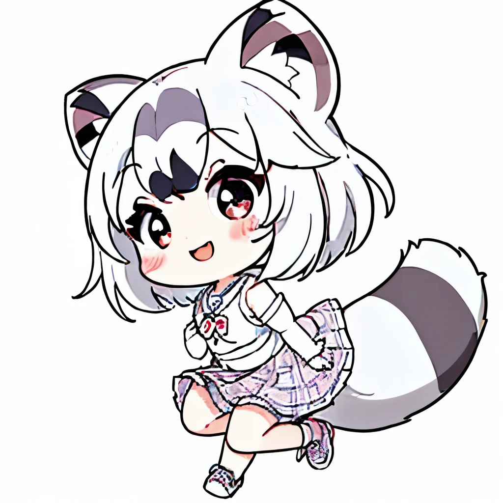 top quality、 high definition 、 Detailed Background 、 Beautiful Faces in Every Detail 、 anatomically accurate 、detailed expression、Detailed、((whole body、 from behind:1.5、 backshot、 facing the side))、break(( One Girl :1.2)、(Chibi Girl:1.2))、Vivid hair color、 big beautiful eyes、 plump lips 、(Cute clothes、 cute skirt、 cute sneakers )、break(( place your hands in front of your chest :1.2))、( happy expression:1.2、 big smile:1.2)、sweat、break( the background is pure white、((Raccoon)))