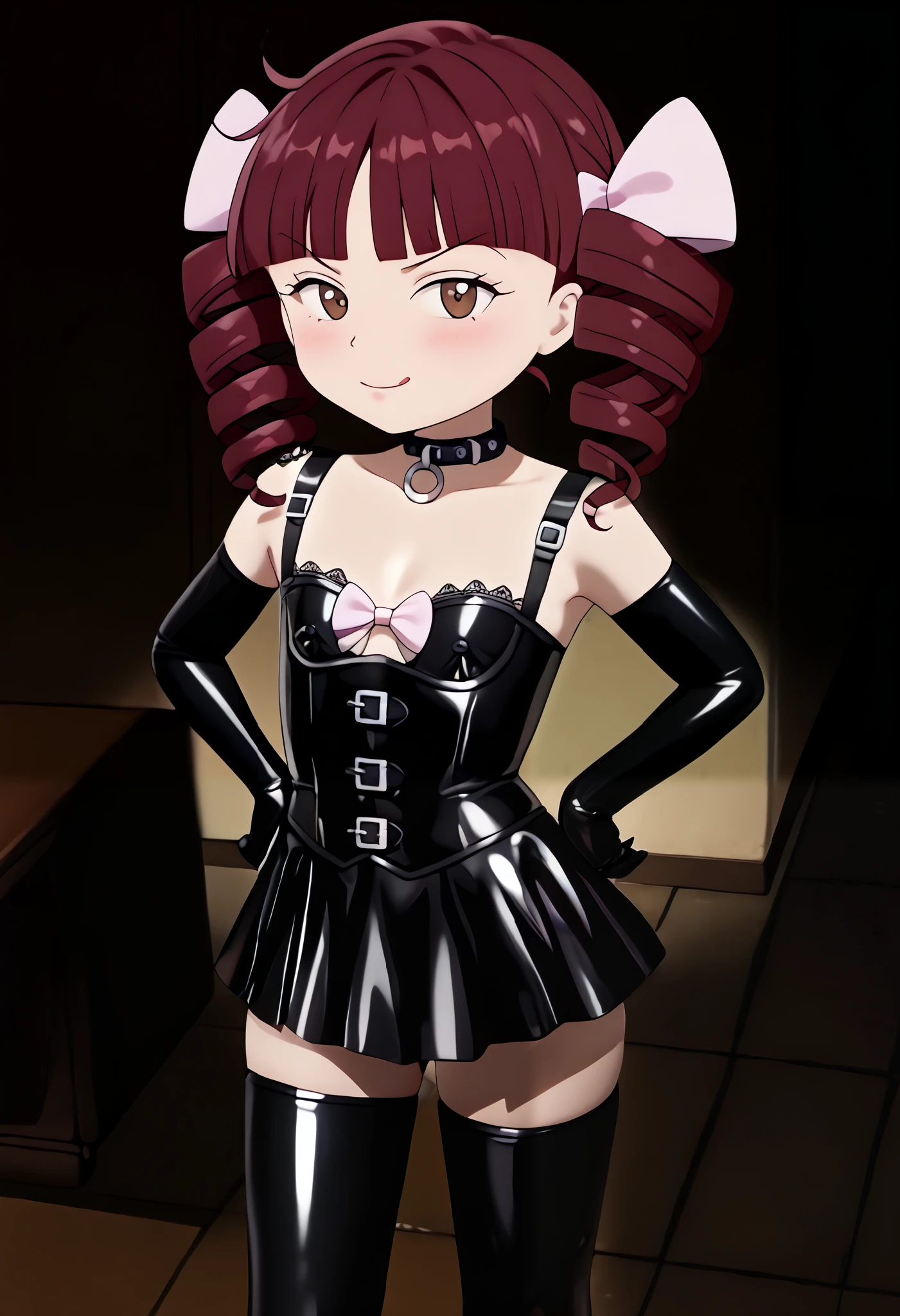 Chibi、((( short)))、((( kids体型)))、(((3 heads)))、Small Bust、 flat chested、BDSM、Queen、mistress、(((One girl)))、(((solo:1.8)))、(((Black latex elbow gloves:1.4)))、((( black latex corset dress :1.4)))、((( corset dress that makes you spit on the floor from the tip of your tongue is adorned with beautiful lace)))、((( corset dress with shoulder straps )))、((( Black Latex Tight Mini Skirt :1.4)))、((( Black Thigh-High Boots :1.4)))、(((Black rubber tights:1.2)))、((( stiletto heel boots:1.4)))、((( Black Latex High Leg Panties )))、(((Black latex bra)))、(((Black leather collar)))、((( sexy pose to hide over there:1.4 )))、 wide thigh opening with one leg:1.2、((( erotic )))、((( Cowboy Shots)))、 close-up 、((( place your hands on your hips)))、Beautiful eyes with highlights、Beautiful, smooth skin、Two perfect anatomical arms、 Anatomically Perfect 2 Legs 、(Four perfect fingers and one thumb)、 1 girl, Alone, 
JogasakiHimeko,  kids, blunt bangs, ((( maroon hair in the garden))),  twin drill ,  brown eyes,  pink ribbon,  hair bow,
 Standing , Place your arms beside you, 
 viewers who stop at the edge, v-shaped eyebrows, frown, 
indoor, classroom, whole body, close your mouth、 stare at the audience 、 evil smile、smirk、 condescending face、 smirking 、blush:1.4